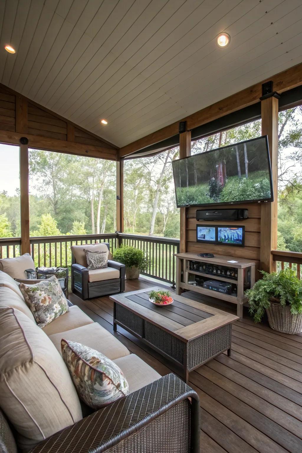 Set up an entertainment center on your screened-in deck.