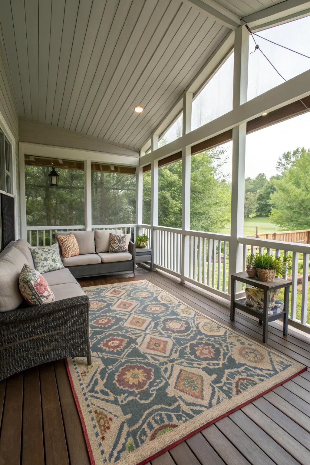 A carpet defines and warms the porch area.