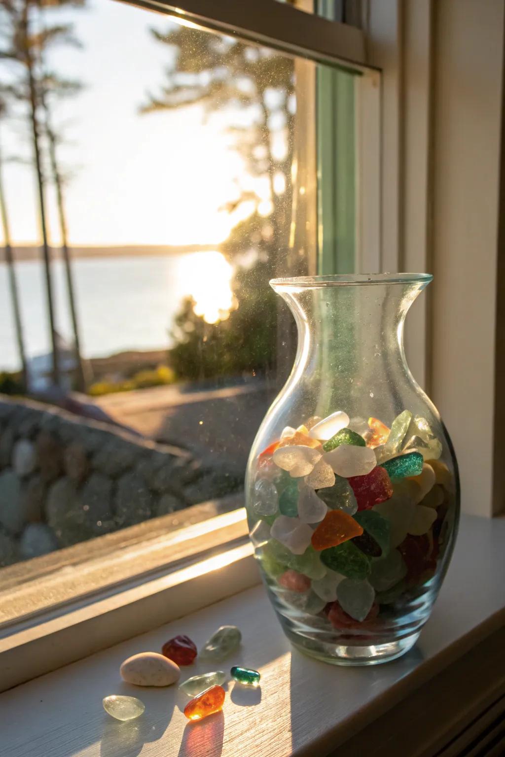 Vases adorned with sea glass provide an infusion of coastal appeal.
