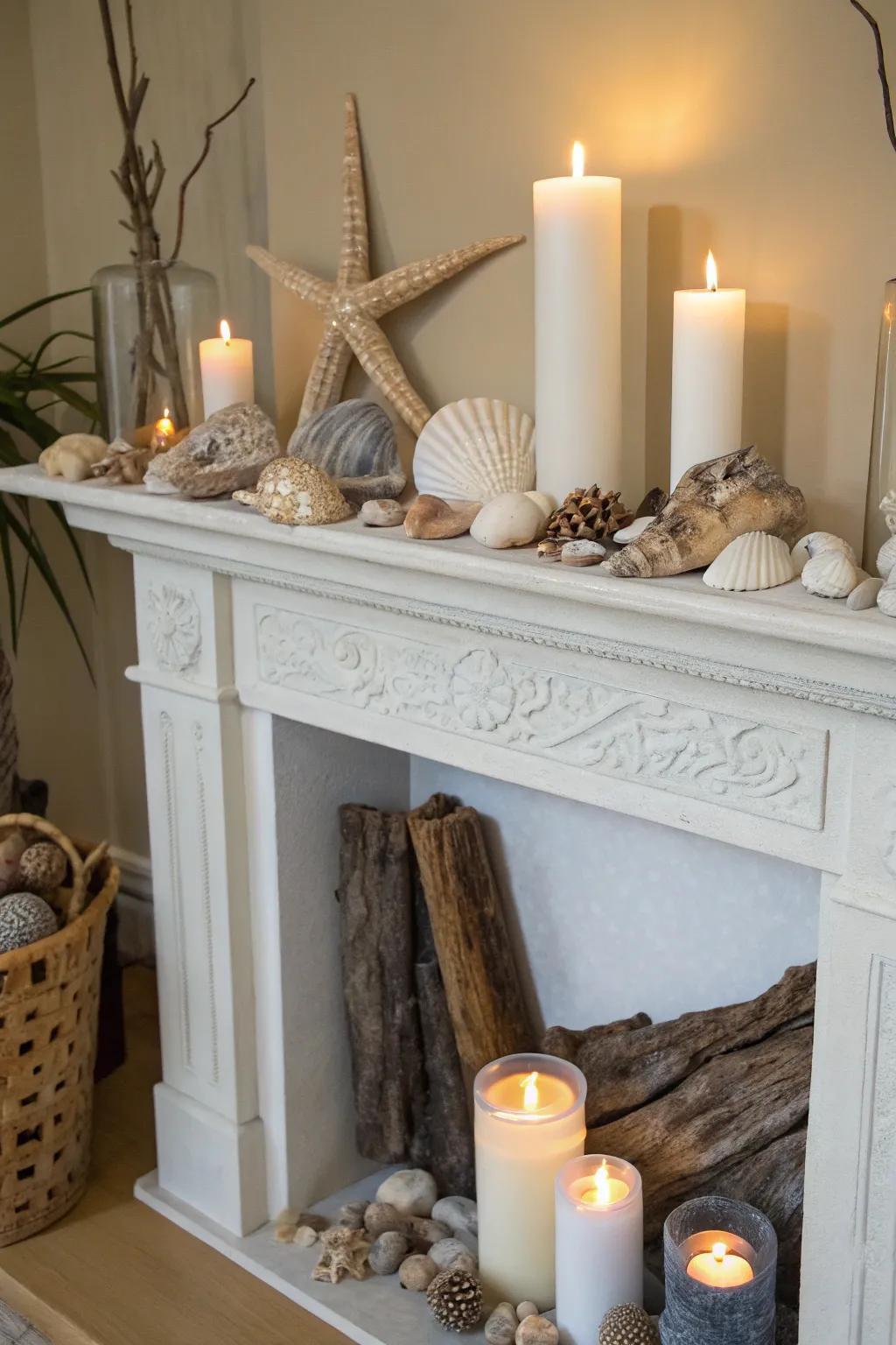 Seashells contribute a coastal allure to a beautifully arranged mantel.