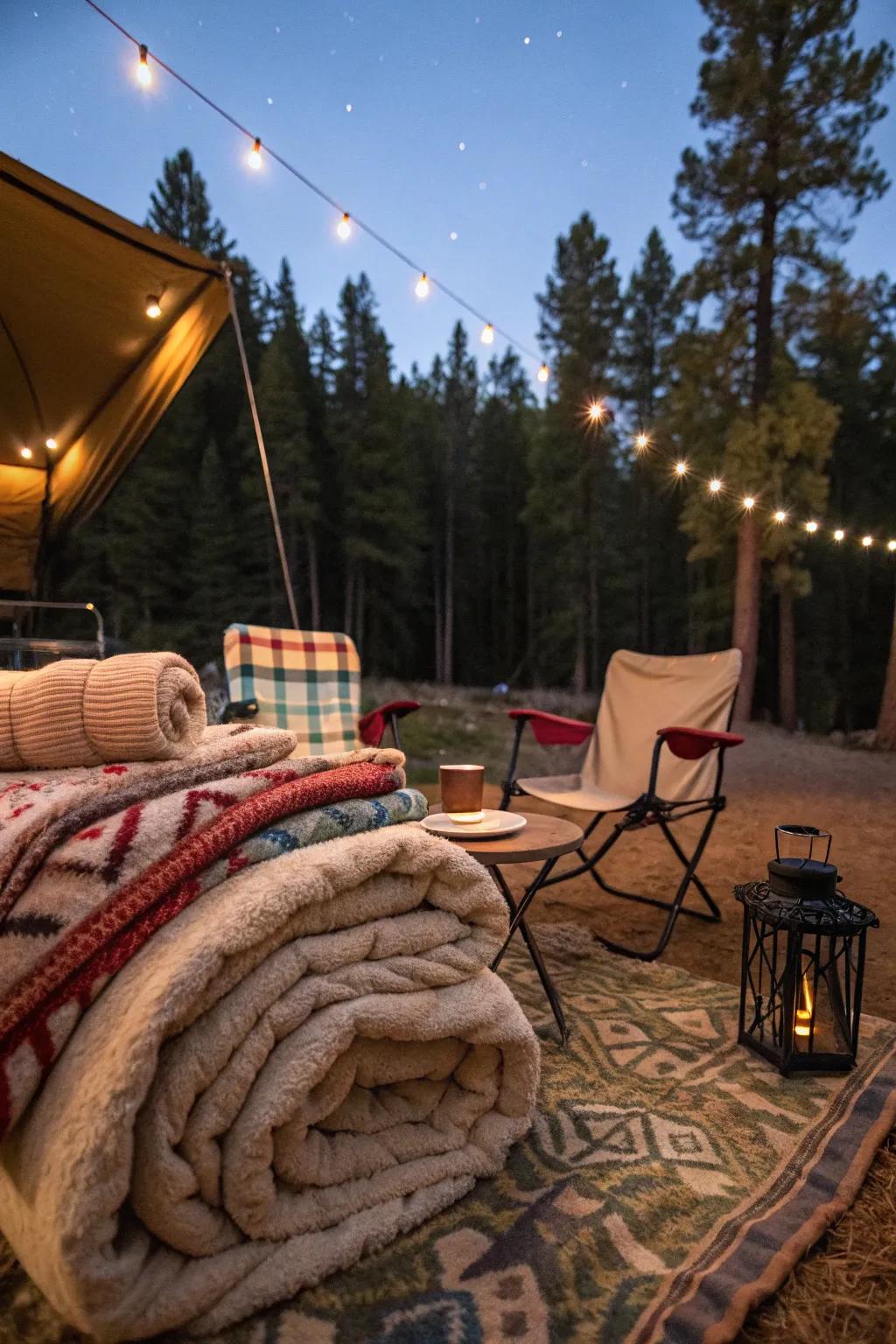 Layered blankets ensure a cozy campsite experience.