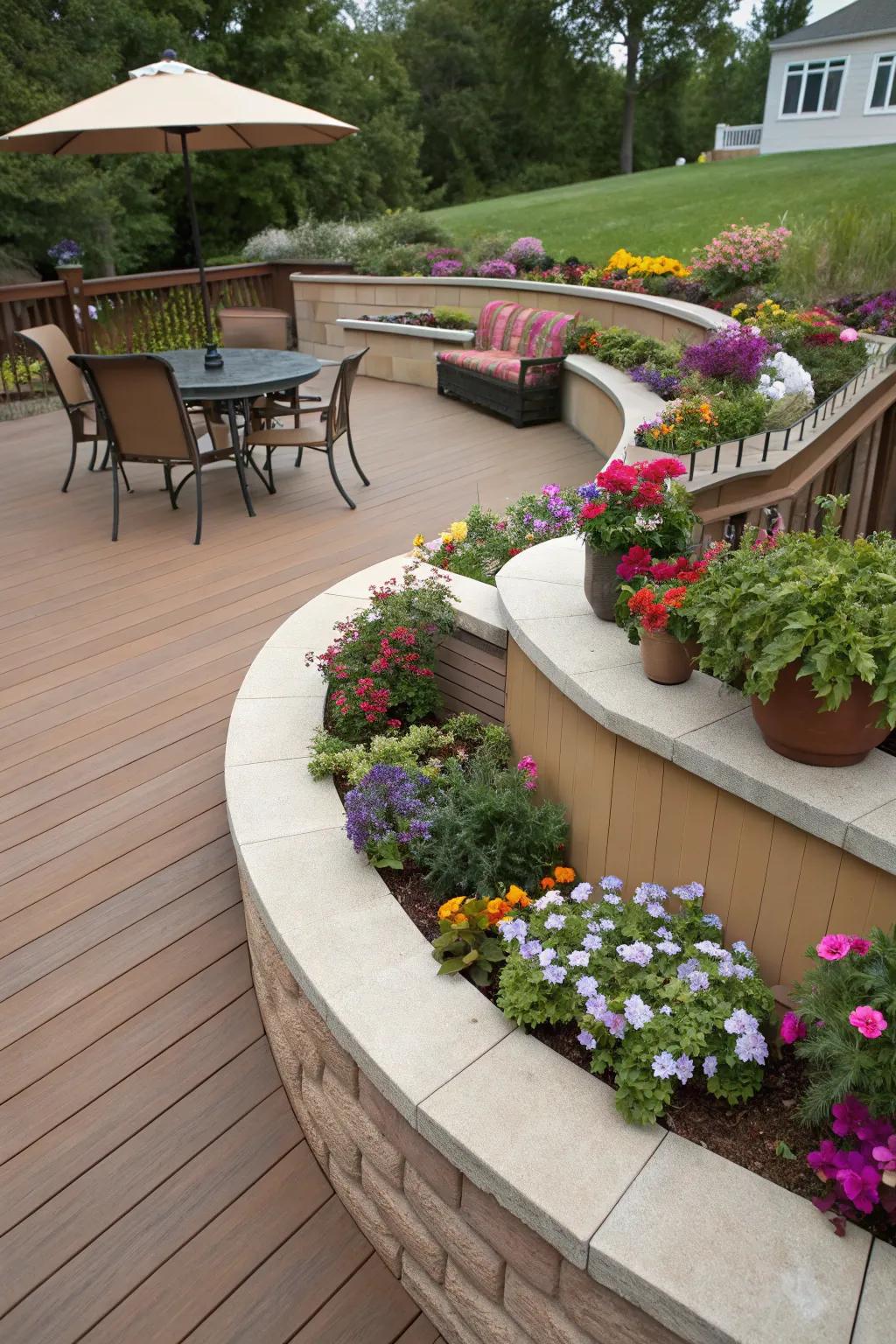 Flower containers and blooms inject energy into your semi-circle patio.