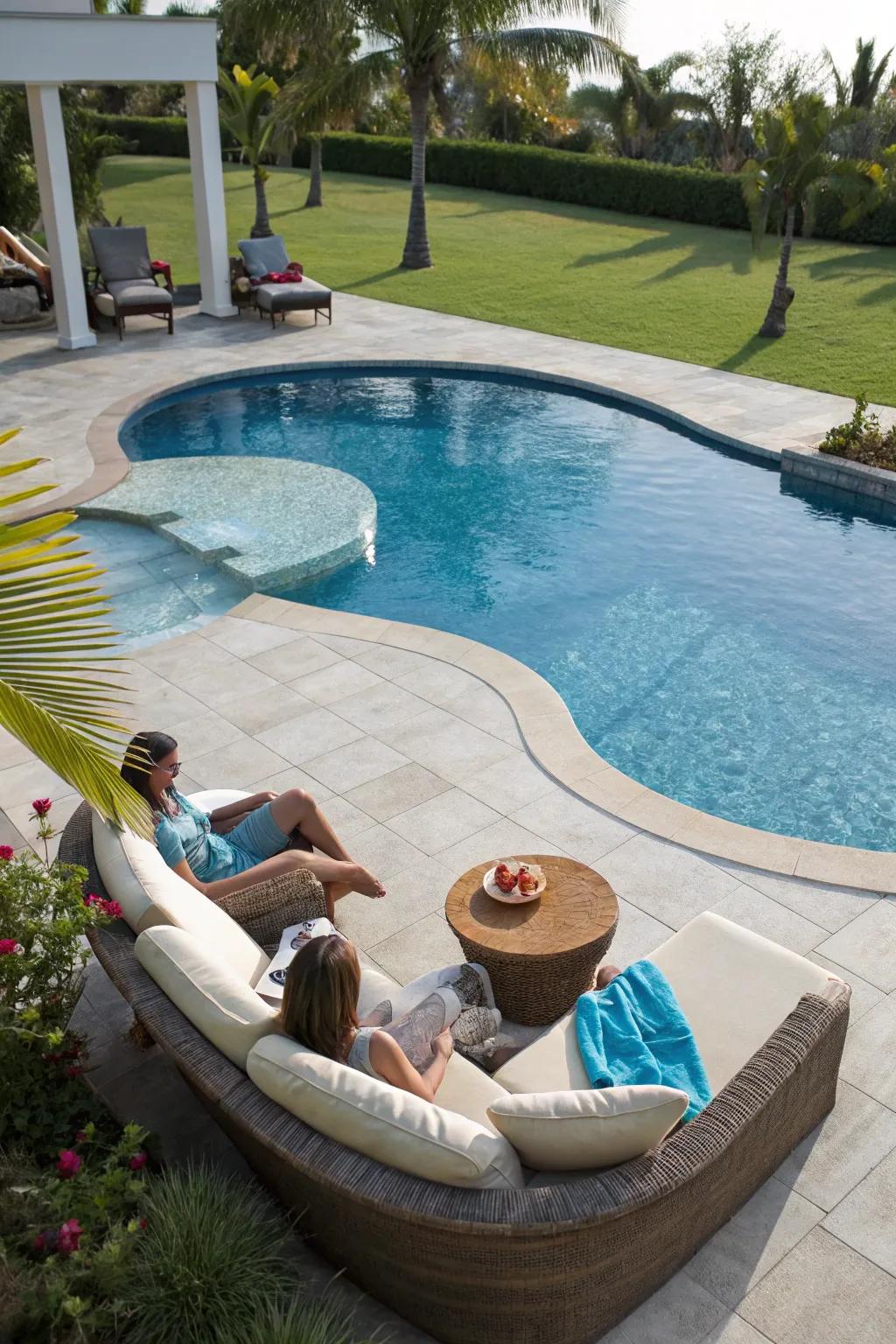 A semi-inground pool featuring a soothing seating area for unwinding.