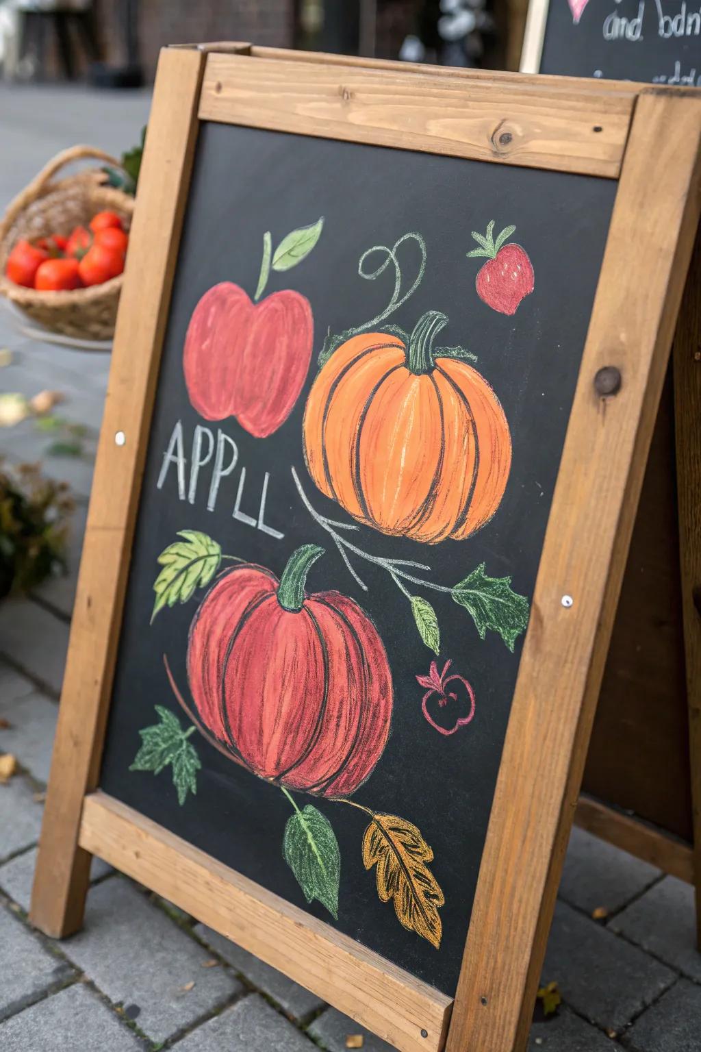A festive chalkboard adorned with pumpkins and apples in warm fall colors.