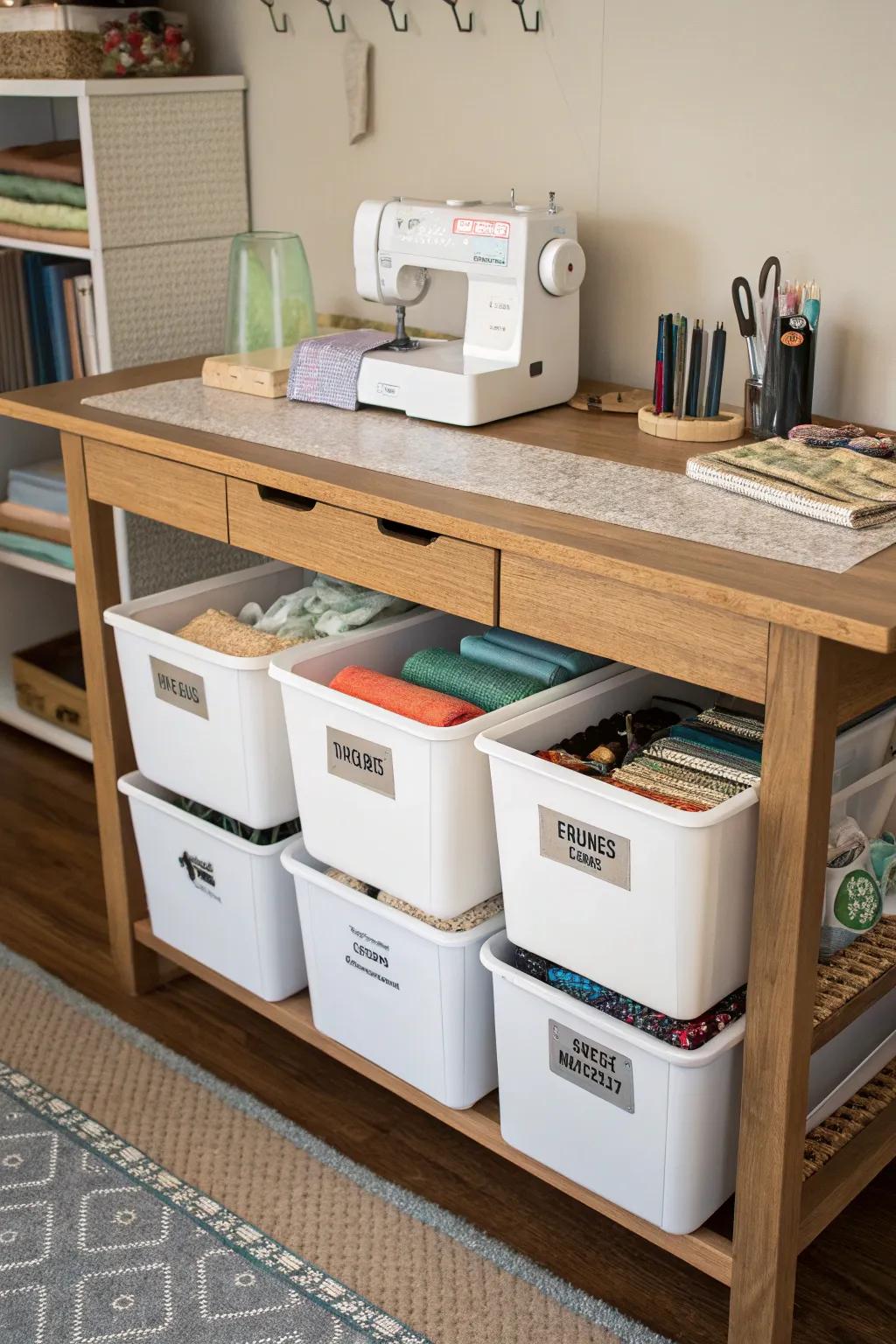 Under-table storage keeps the workspace tidy.