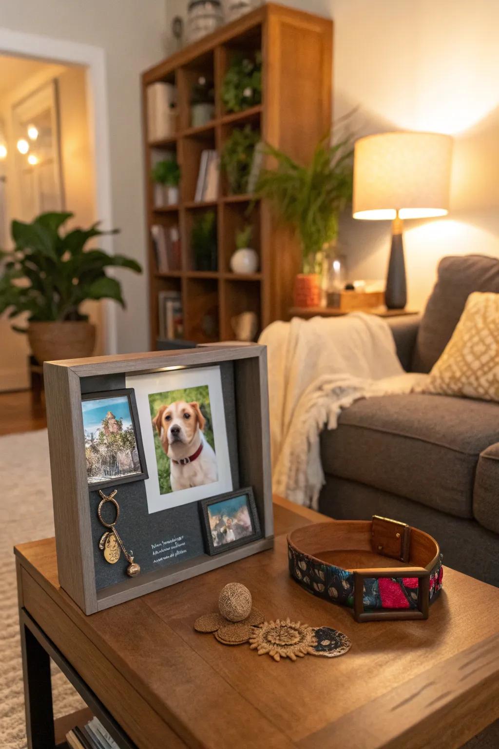 A pet memory shadow box honoring a beloved animal companion.