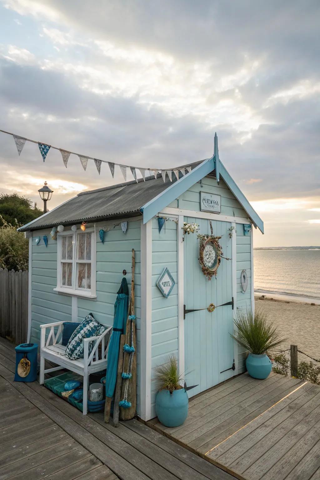 Conjure a coastal retreat with airy hues and light decor, achieving a beachside atmosphere in your she shed.