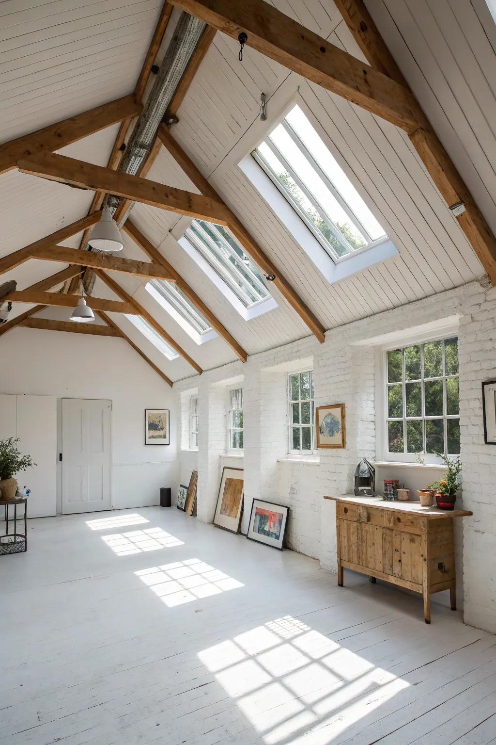 A vibrant studio illuminated by skylights set within the shed ceiling.