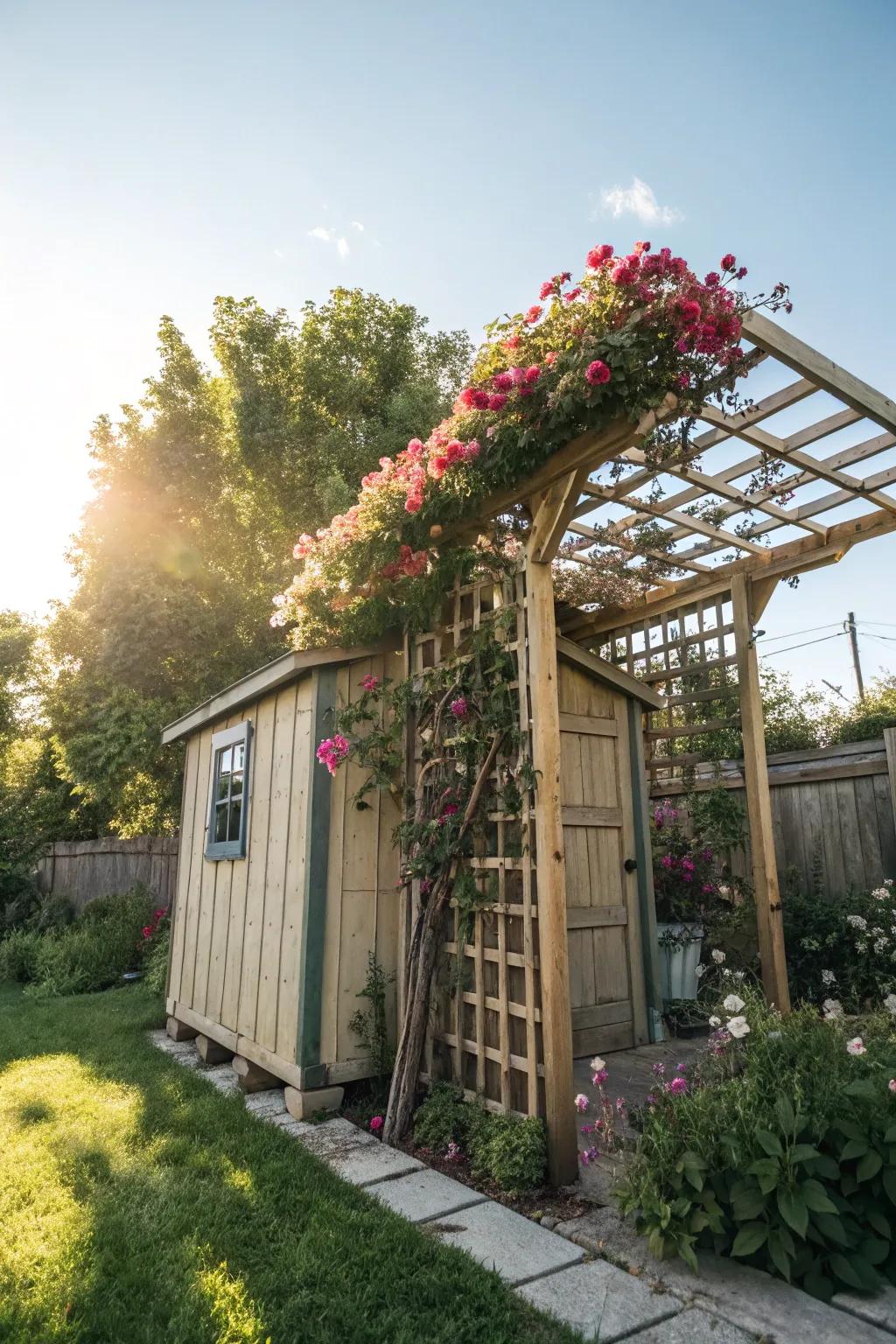 A climbing frame draped in blossoming vines provides an enchanting element.