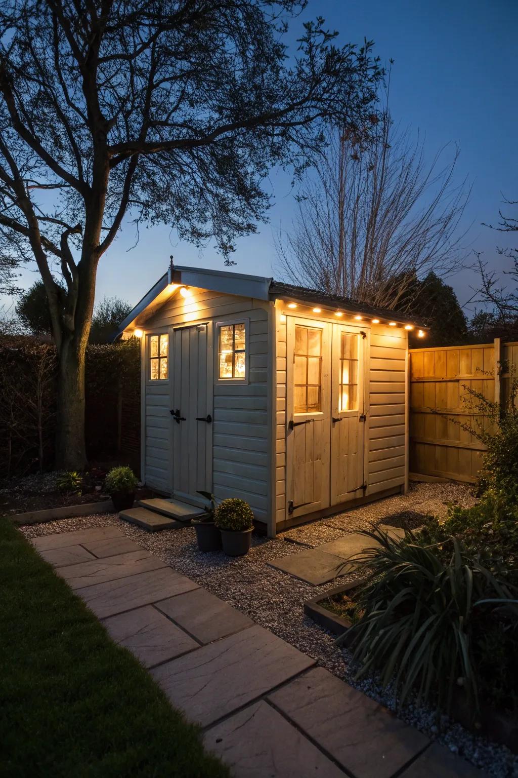 Lights triggered by motion illuminate the shed, deterring potential intruders.