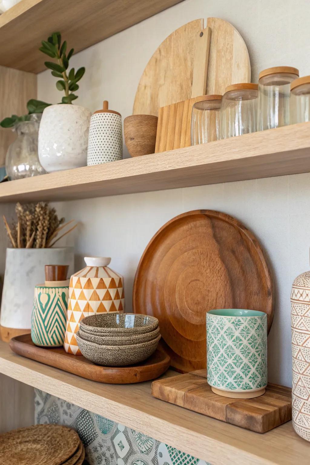 A medley of wooden, glass, and ceramic items introduces texture to the shelf.