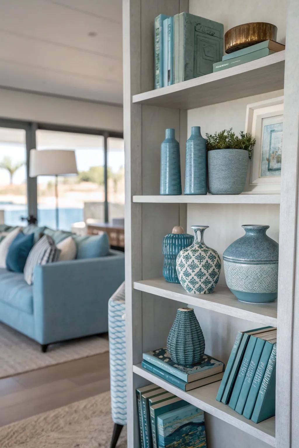 A well-coordinated colour scheme of blues and grays renders a tranquil shelf exhibit.