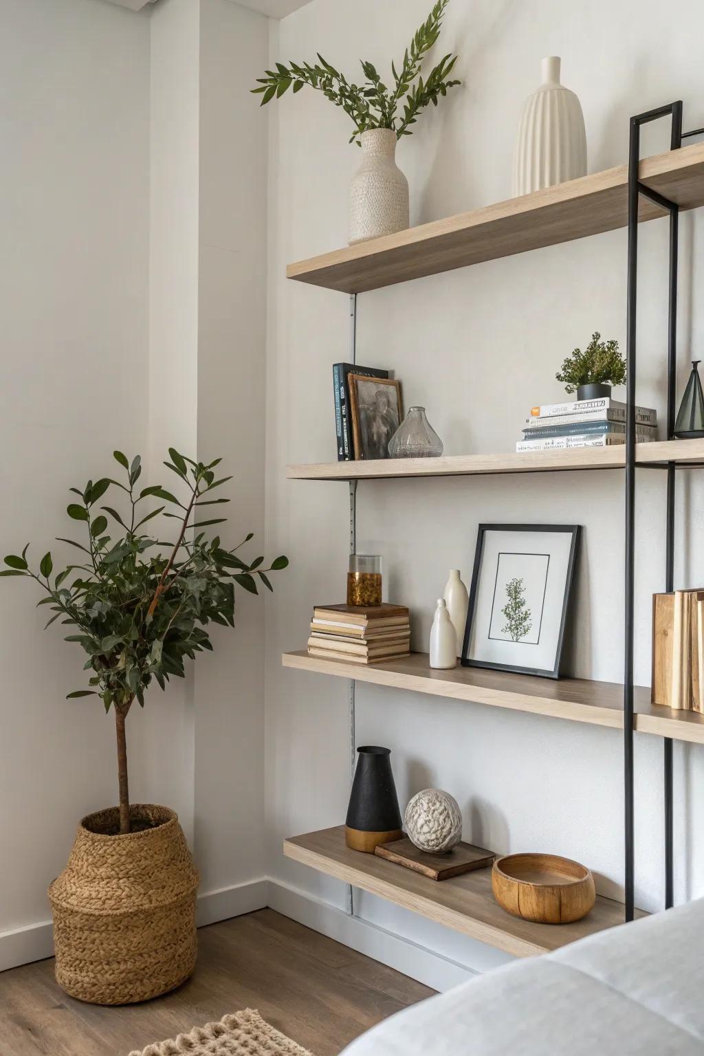 Minimalist decor turns your shelves into a serene, uncluttered sanctuary.