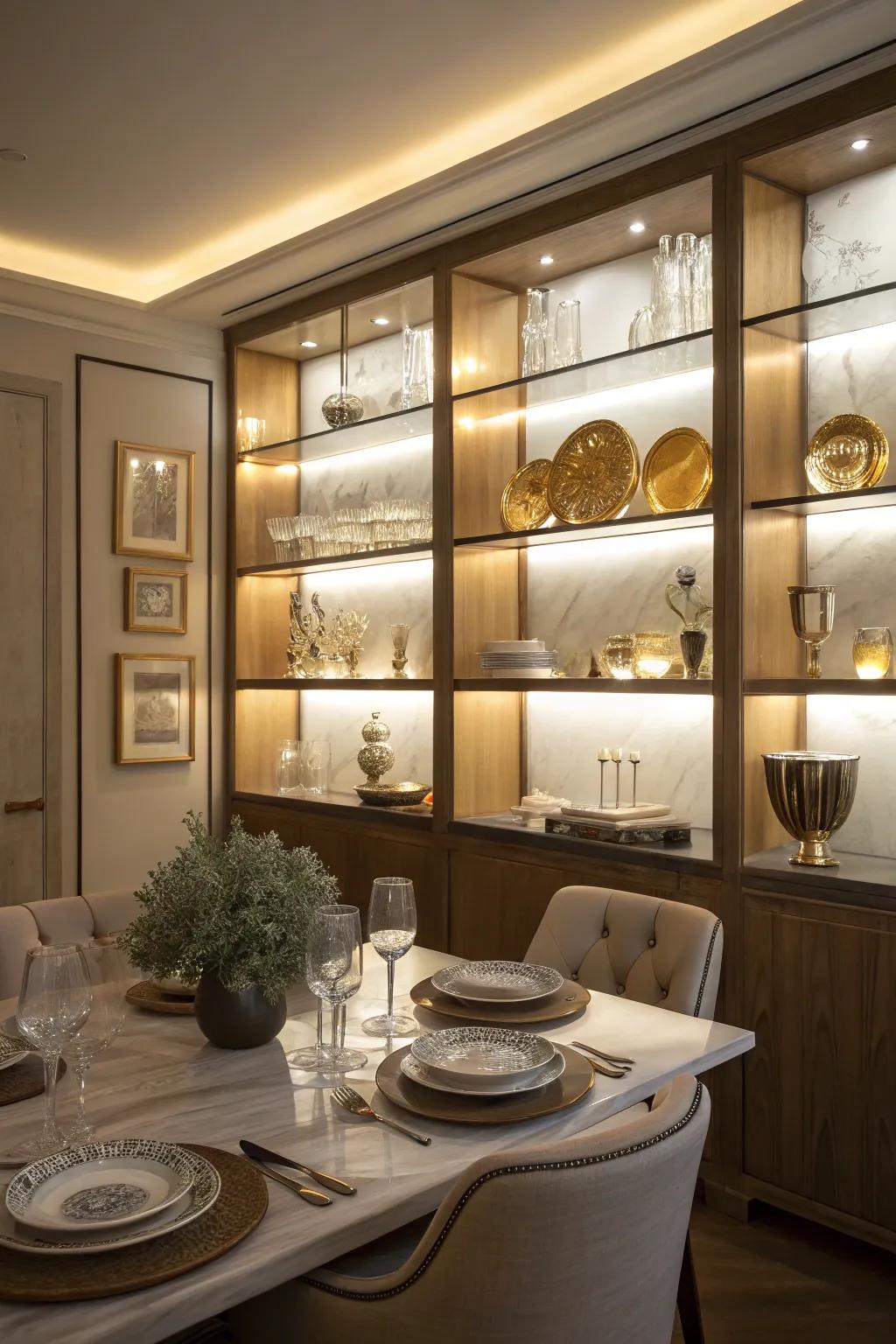 Highlighting displays on the dining room shelves through integrated lighting.