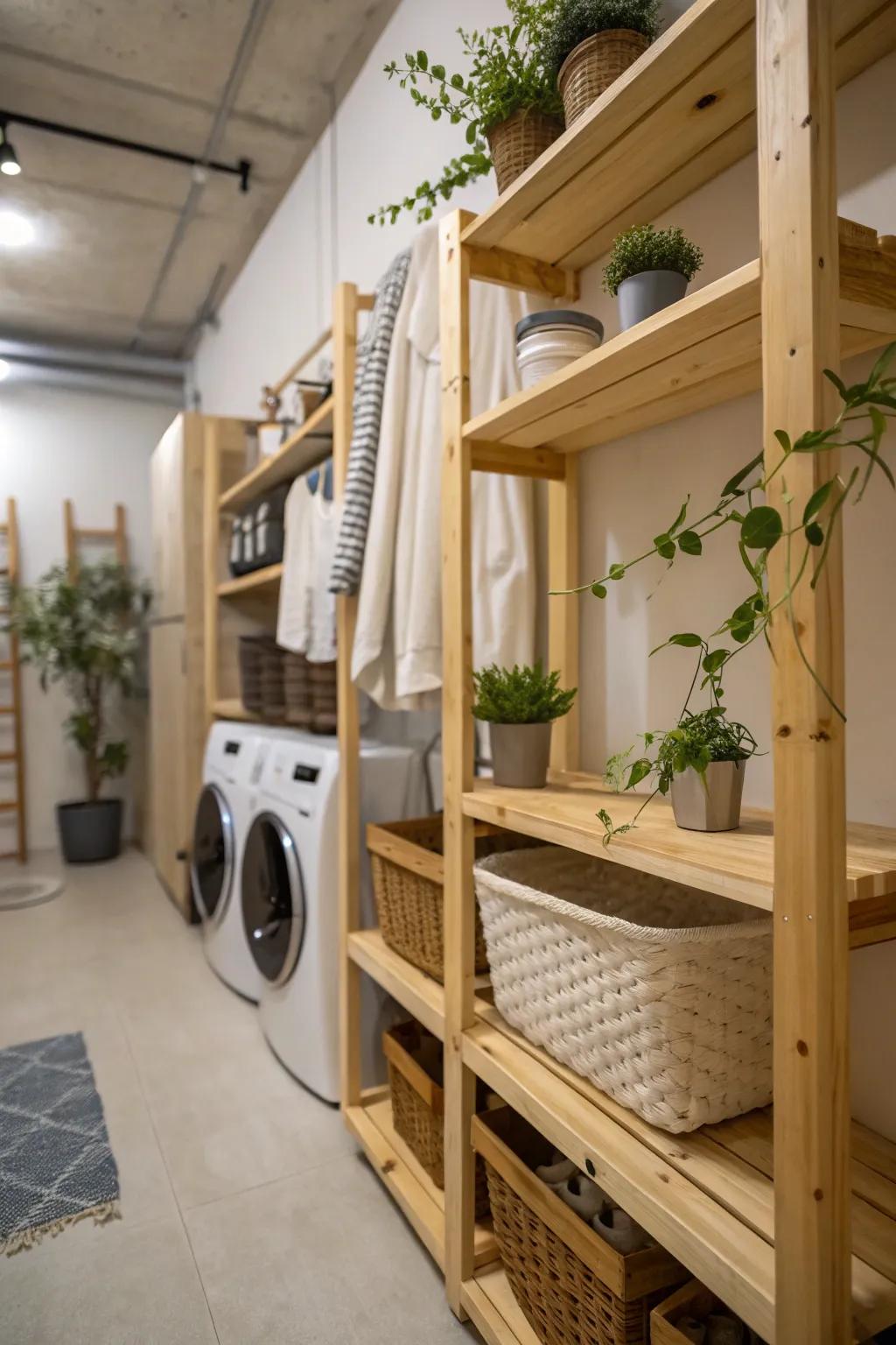 Wooden shelves in a laundry room paired with greenery to create a warm and inviting atmosphere.