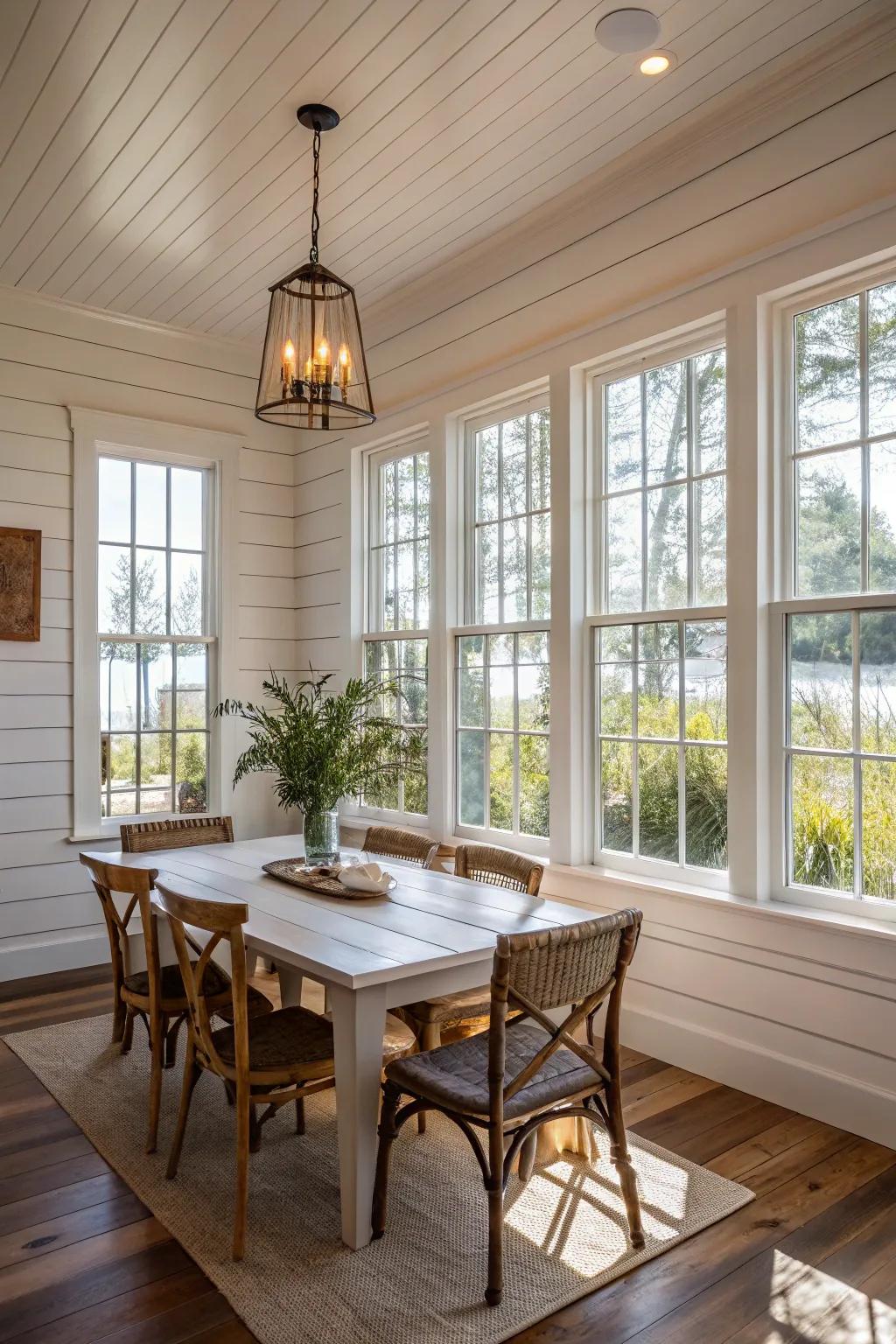 A bright dining room filled with ample natural light and shiplap walls.