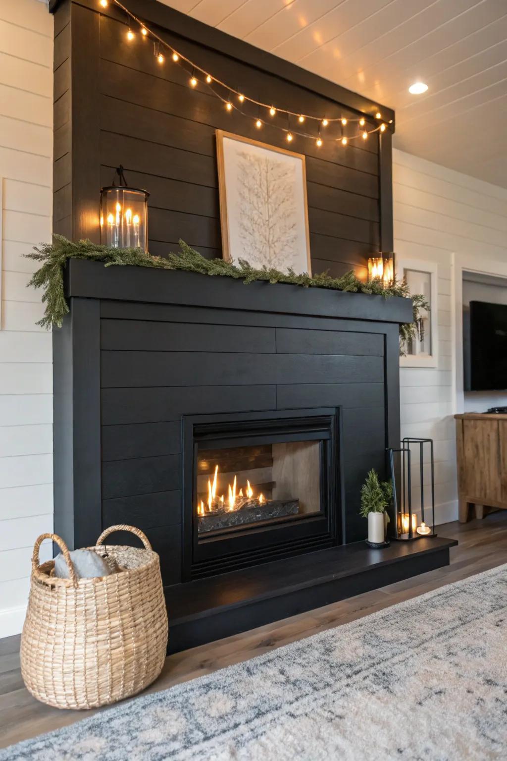 Bold black shiplap fireplace delivering a modern declaration.
