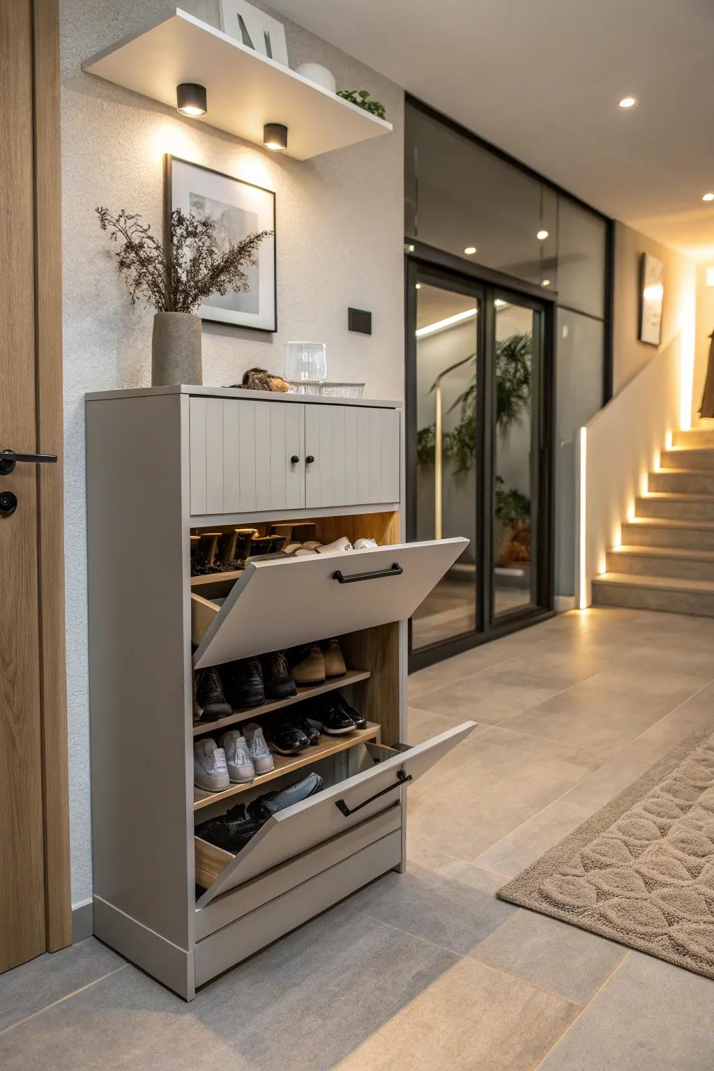 Footwear closet with shelves, delivering hidden storage answers.