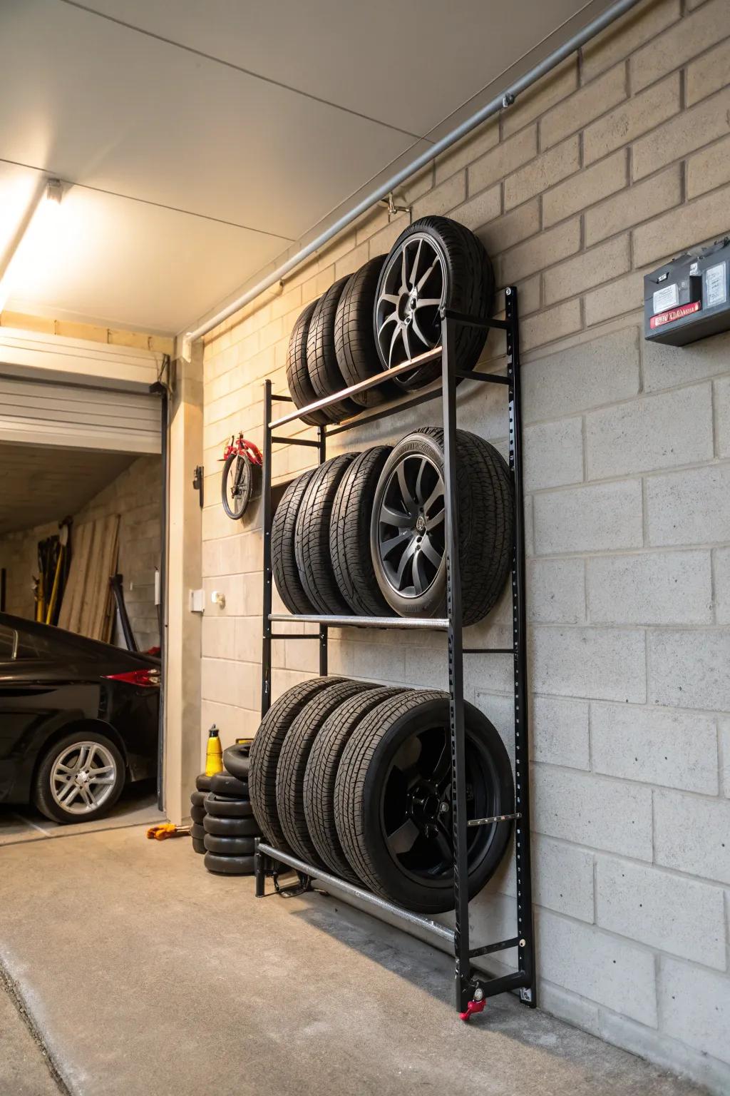 A tire rack mounted on a garage wall.