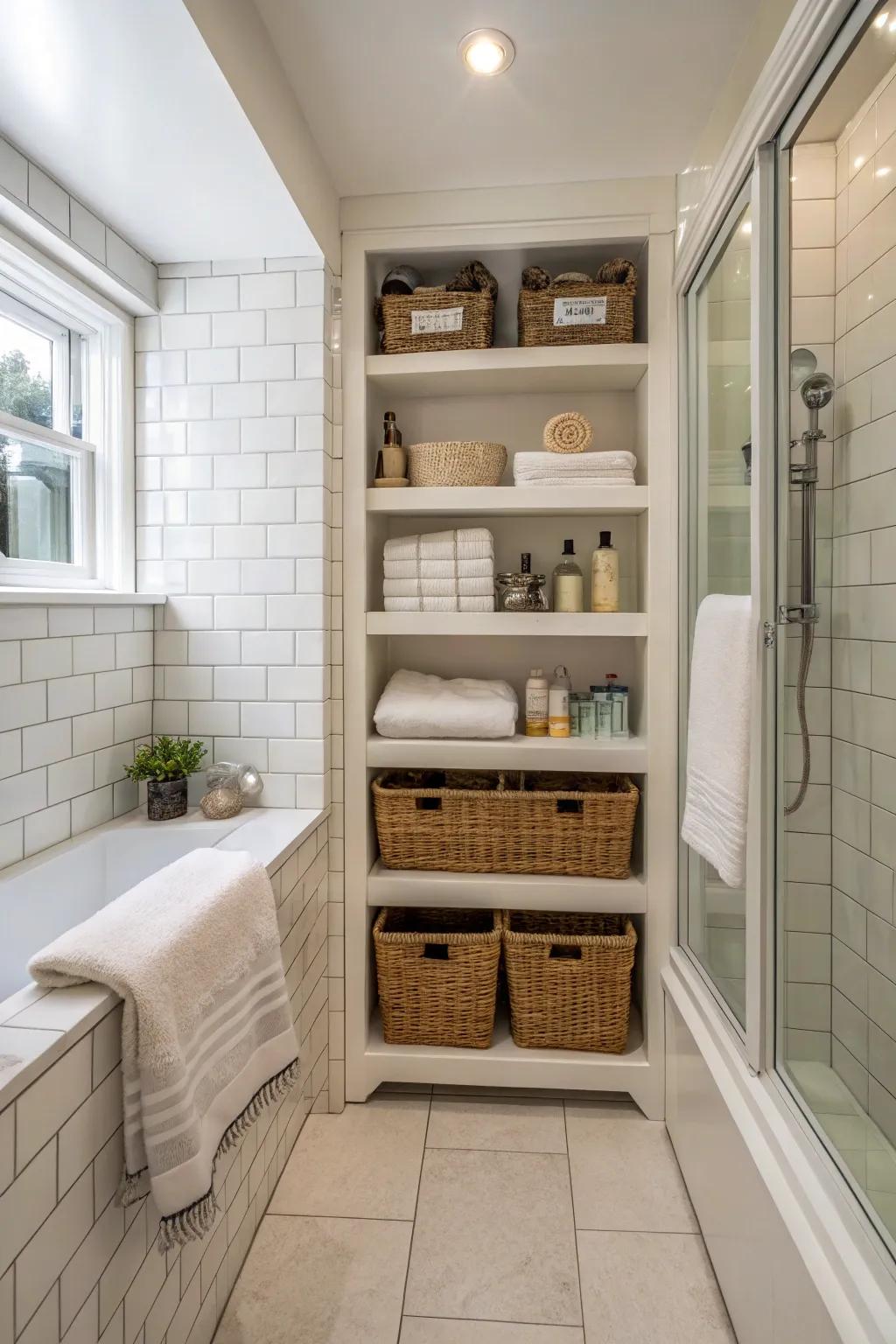 A washroom equipped with inventive storage options for a neat and organized area.