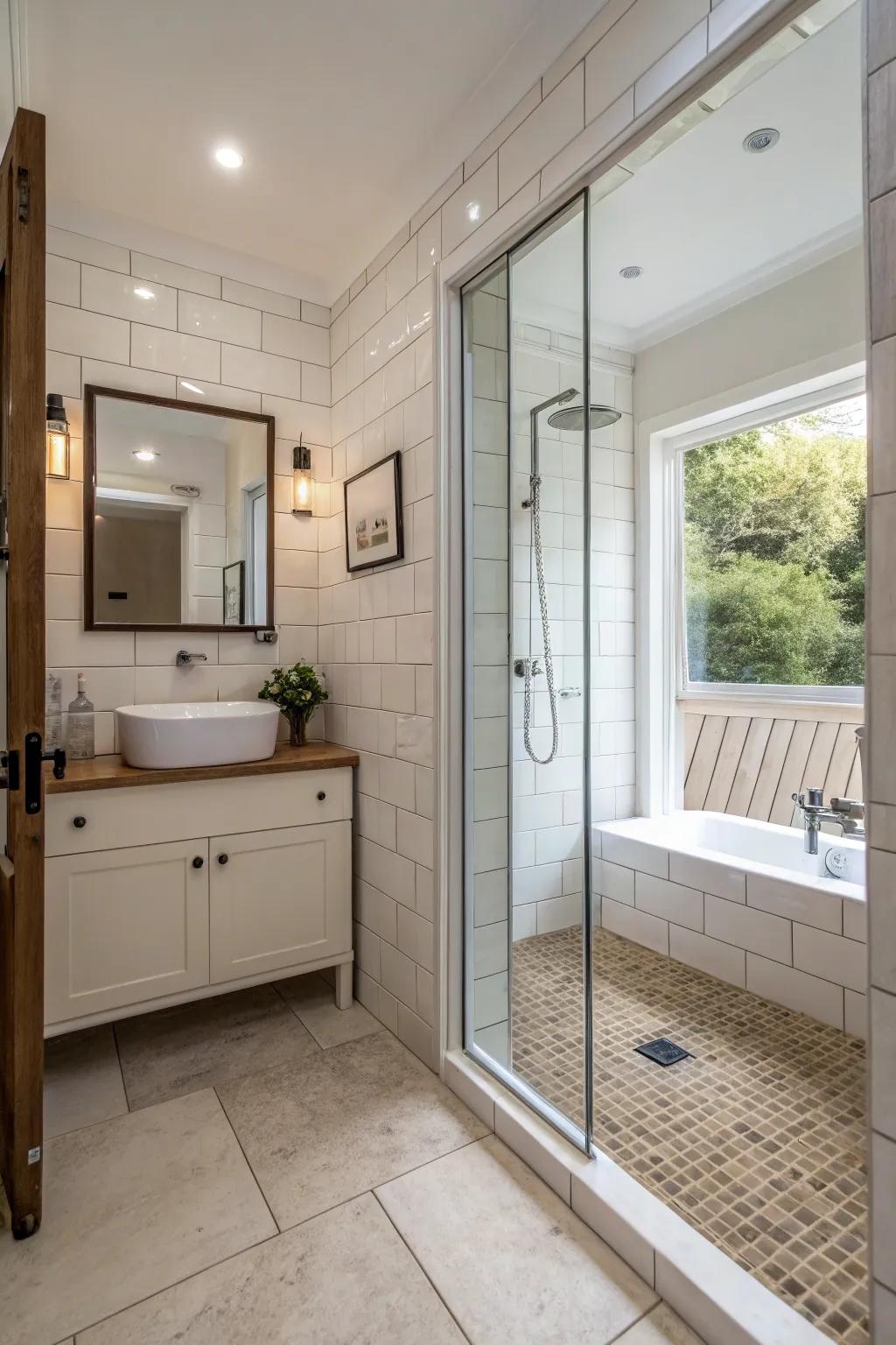 A spacious step-free shower that emphasizes accessibility and openness.