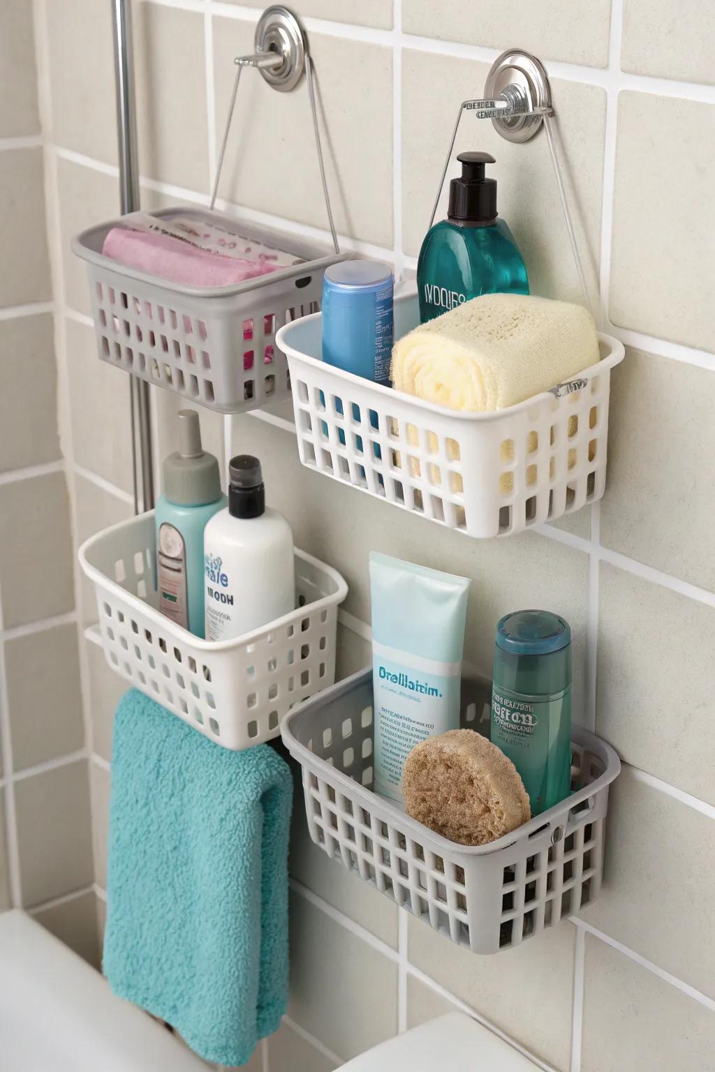 Suction cup baskets enable adaptable storage without requiring permanent installations.