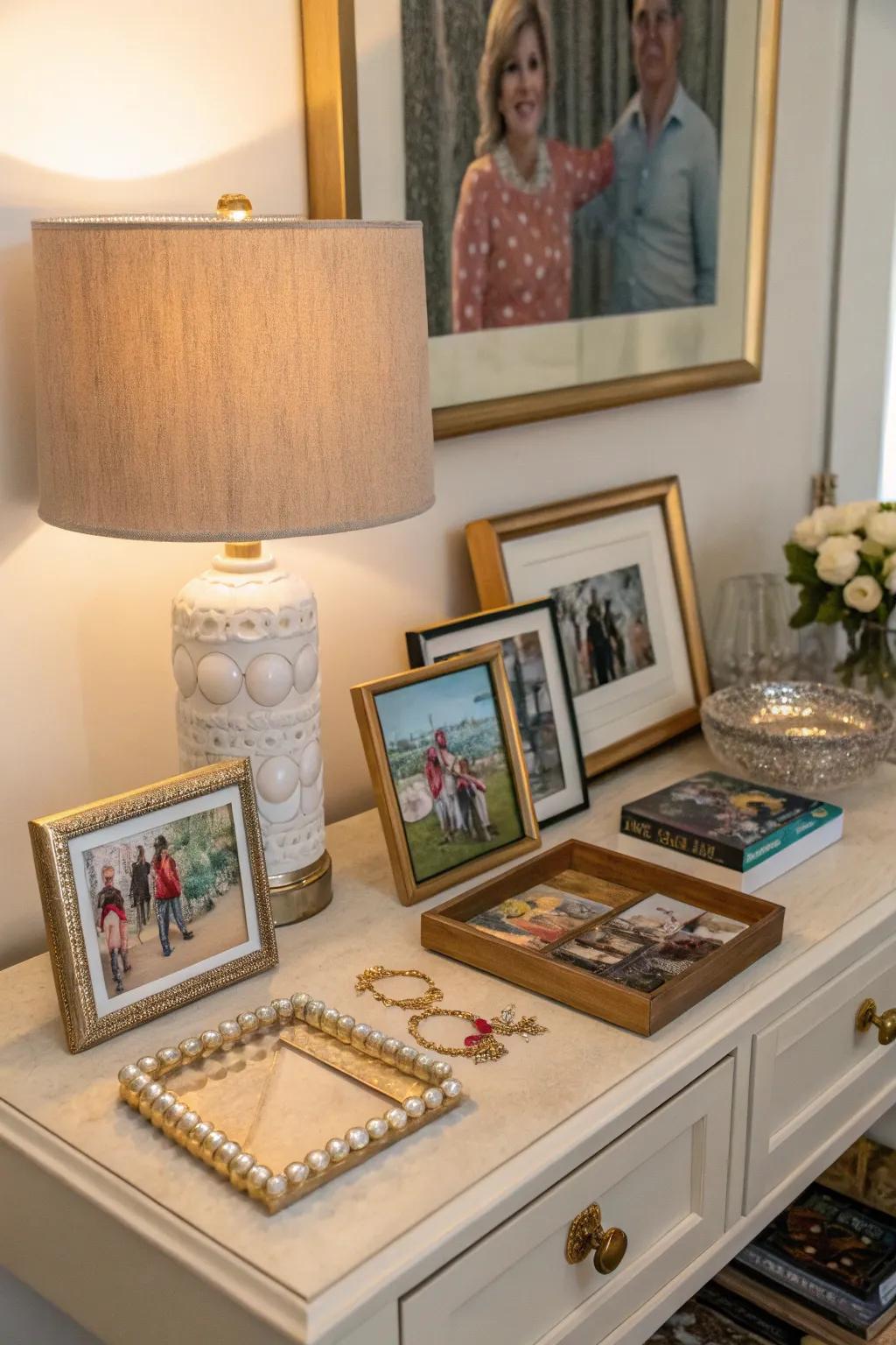 A personalized side table featuring framed art and decor.