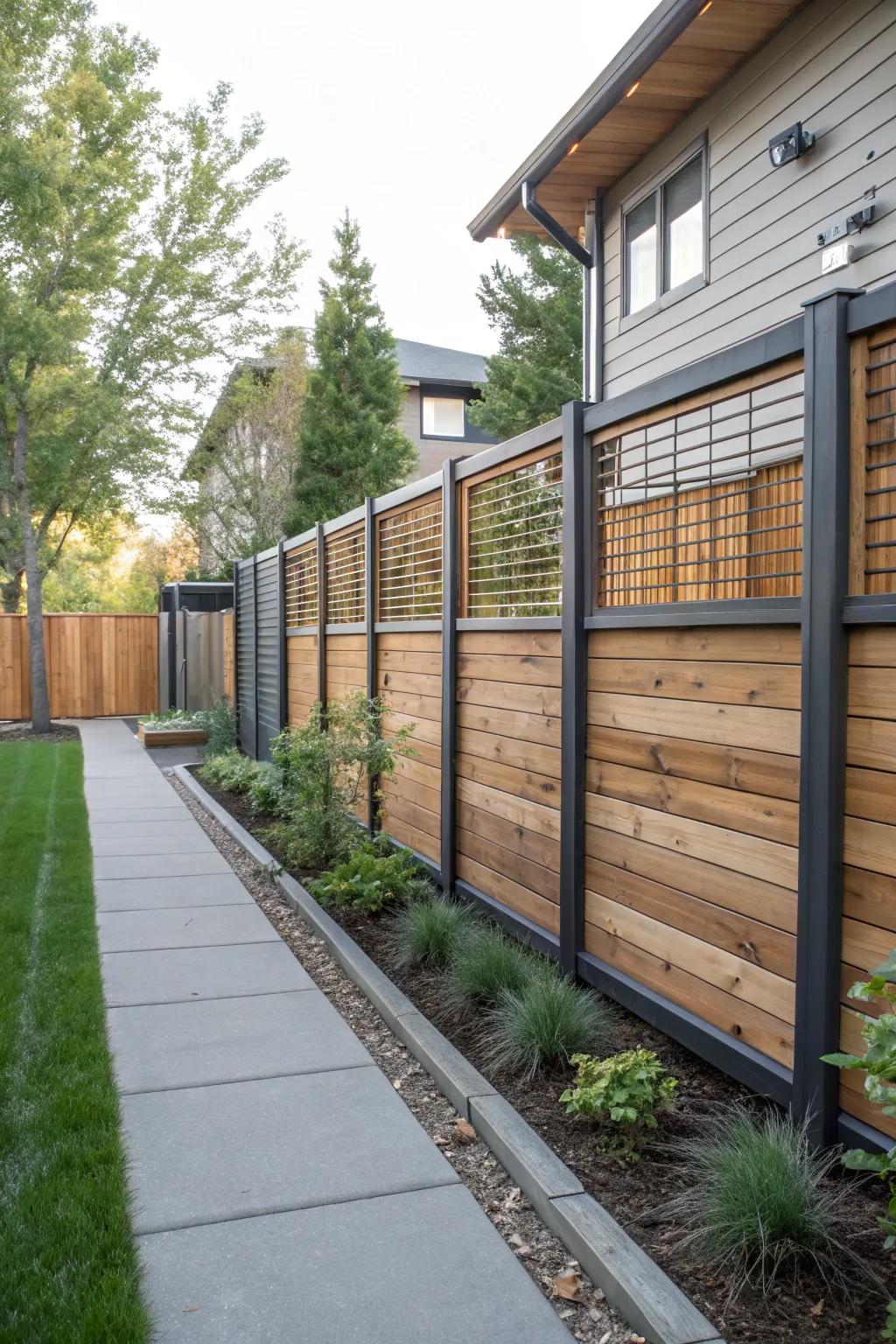 Stylish side yard with mixed material fence.