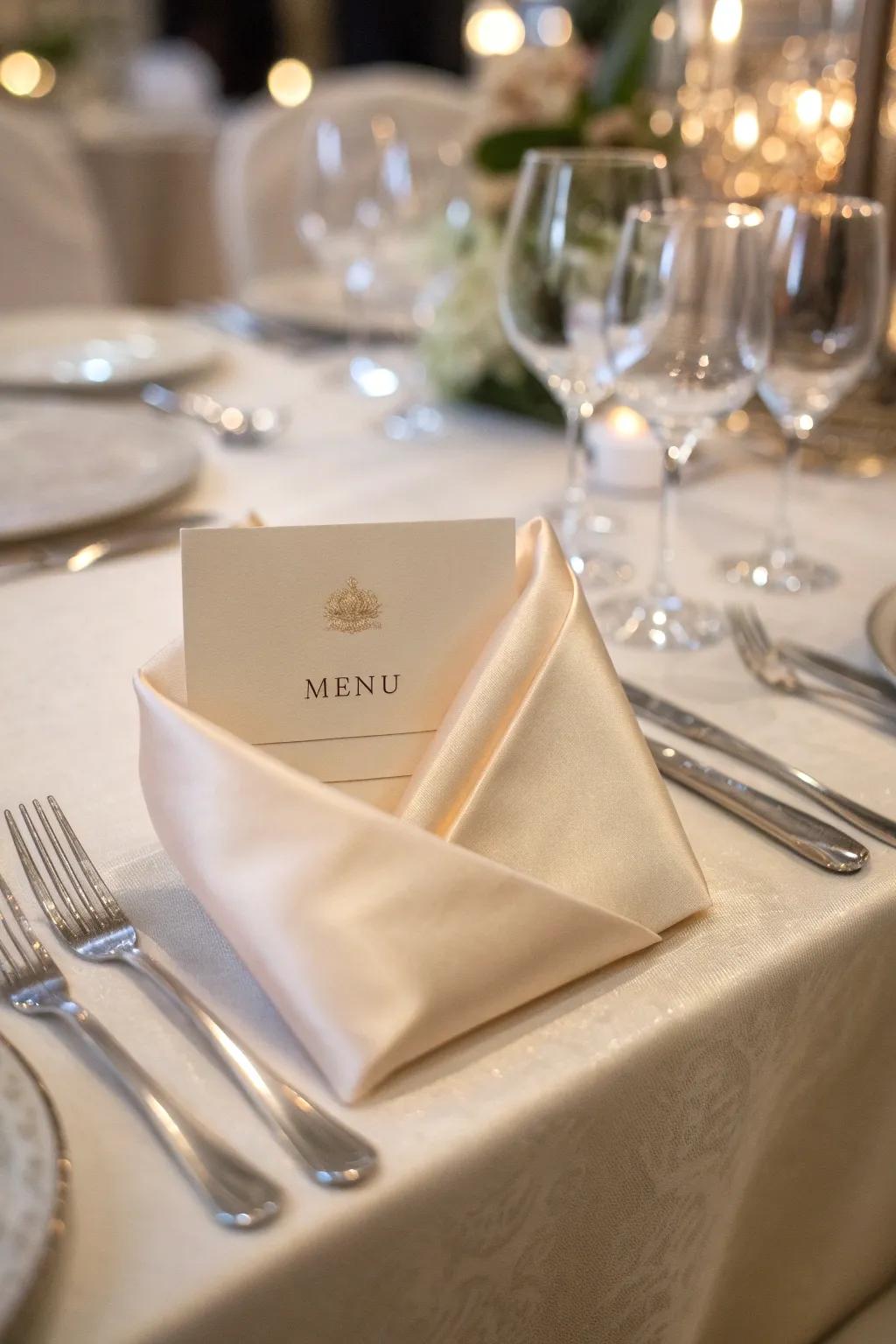 A silken cloth arranged into a beautiful pocket, bringing a personal touch to your dinner setting.