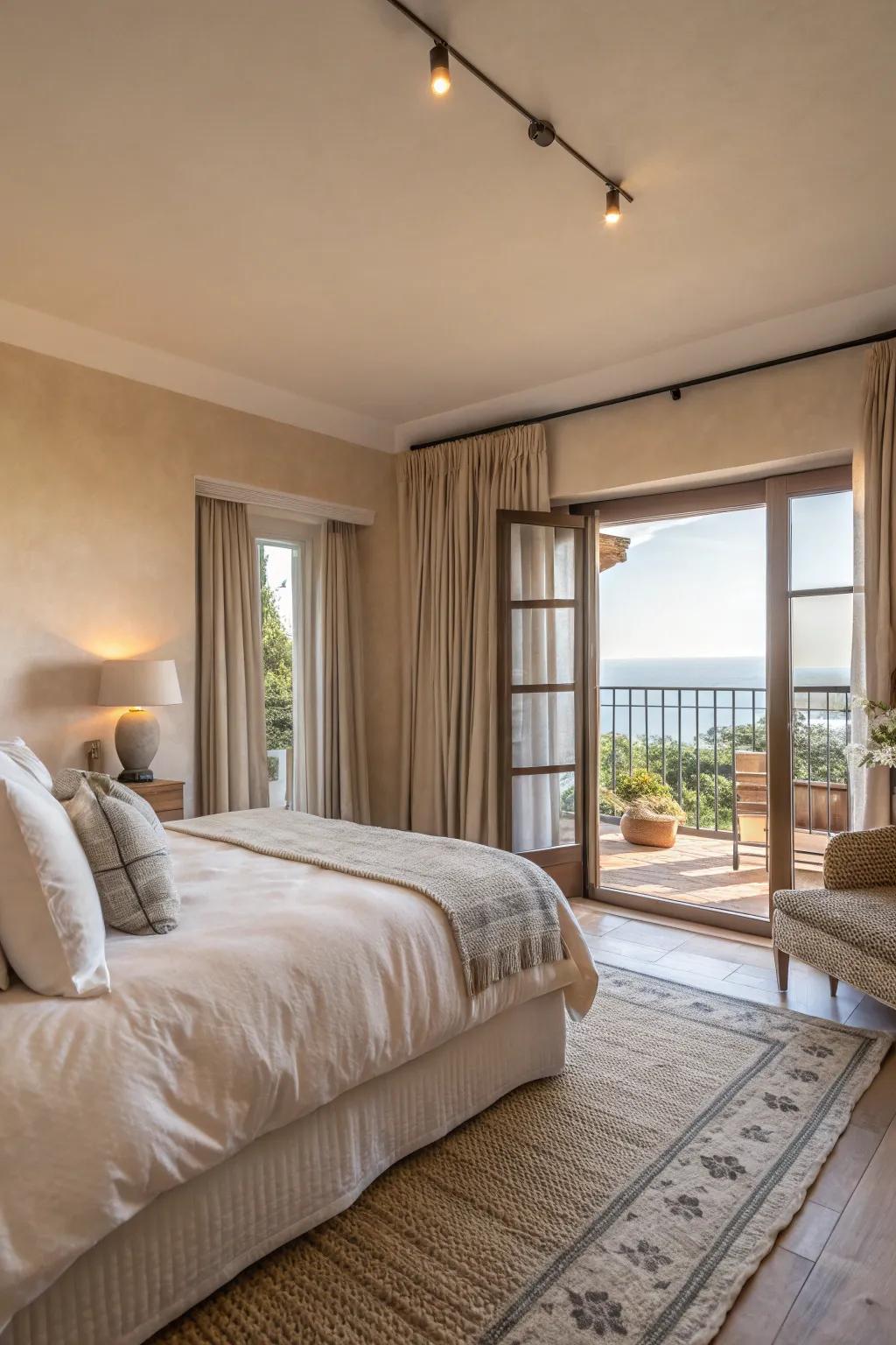 A serene bedroom with a soft color scheme that flows onto the balcony.