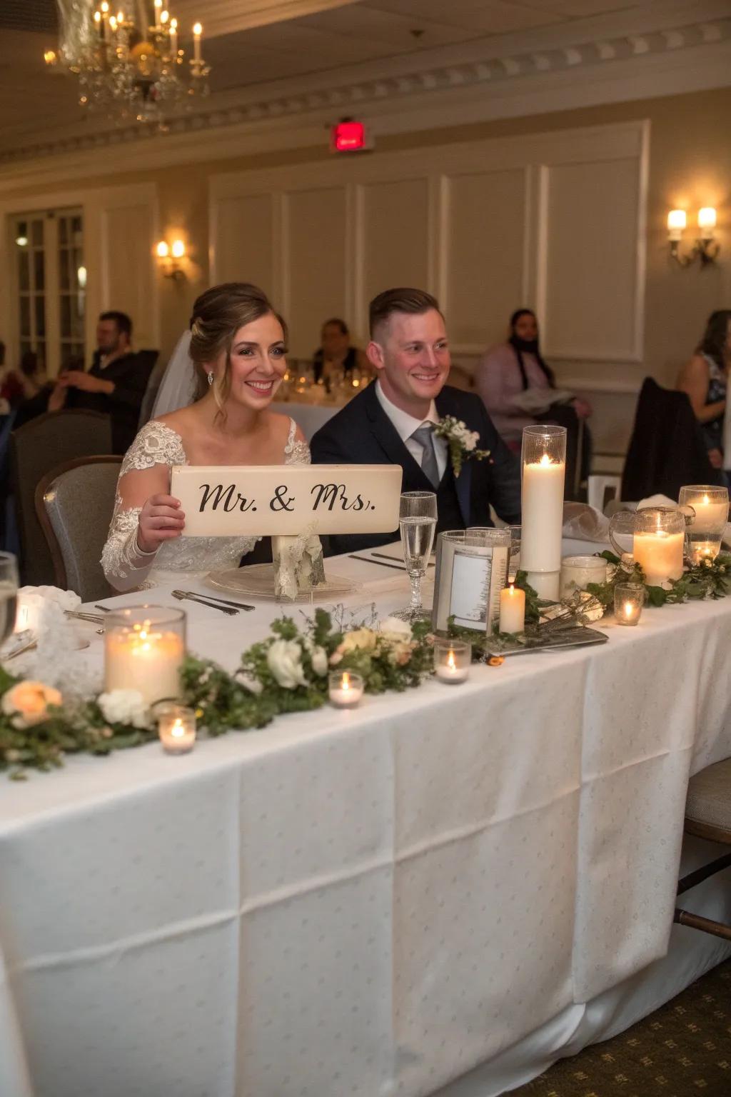 A bride and groom table featuring personalized 'Mr. & Mrs.' signage.