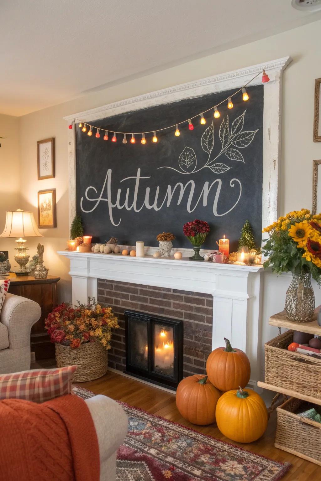 Communal space slate board featuring an autumn-inspired inscription.