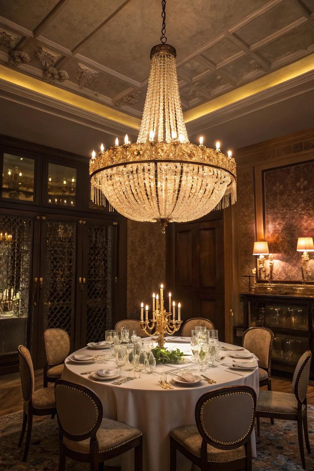 Statement lighting contributes an air of sophistication to the dining space.