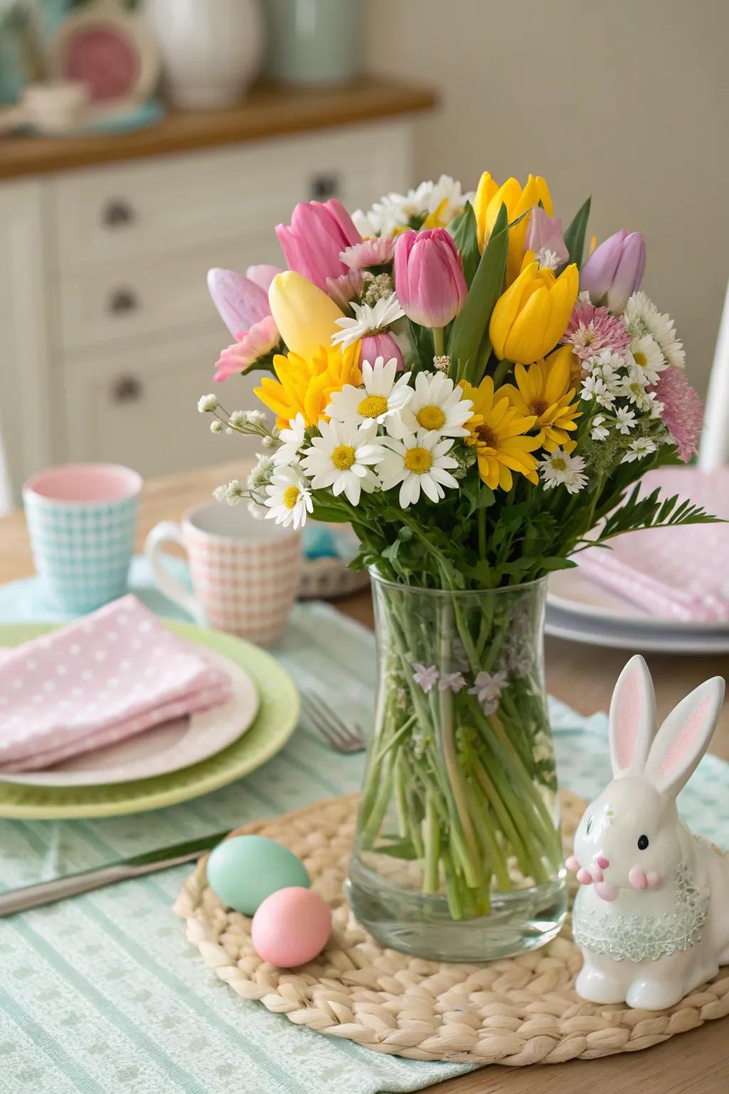 Tulips and daisies create a vibrant floral centerpiece.