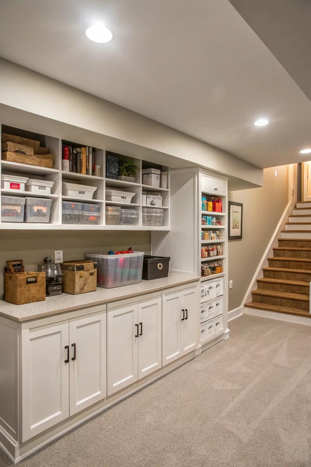 Creative storage solutions to maintain an orderly basement.