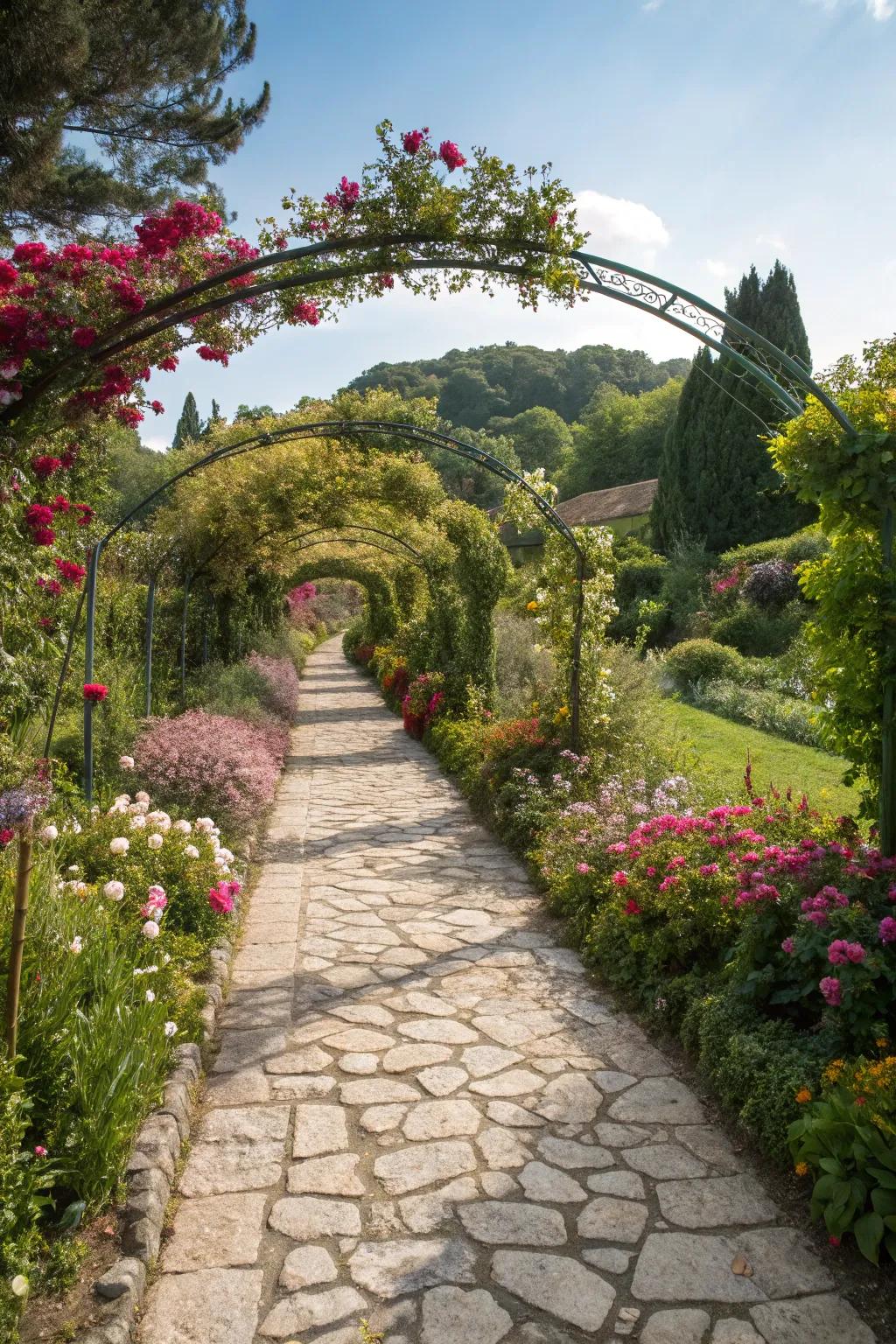 A stone path drawing visitors into a flower-filled garden.