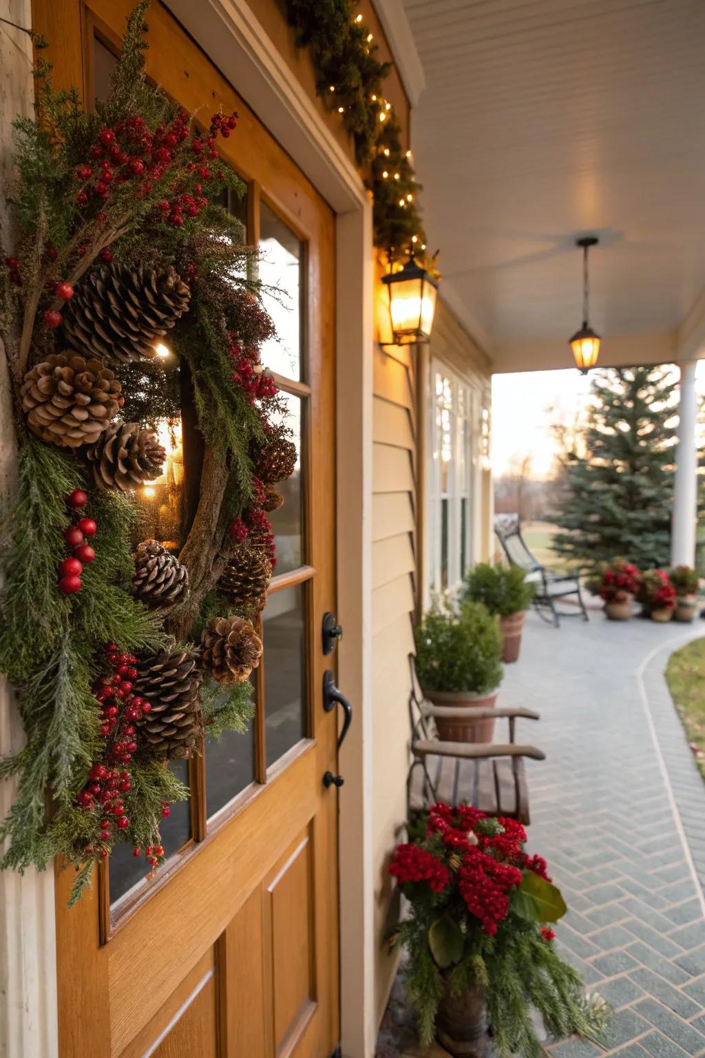 Country touches like woodland cones and berries contribute a natural allure.