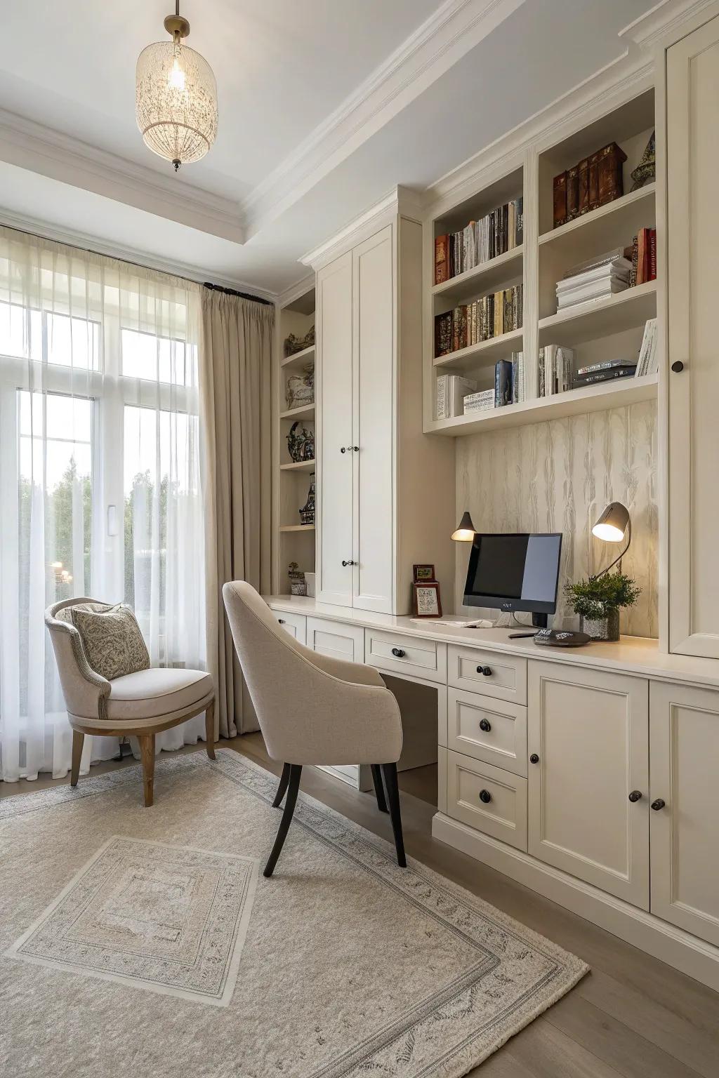 A neutral palette fosters a tranquil and refined workspace.