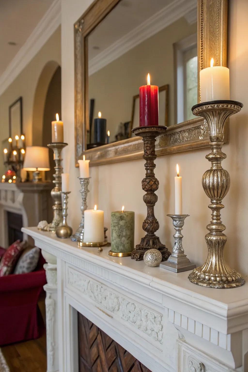 Candles create a cozy and inviting atmosphere on this stylish mantel.
