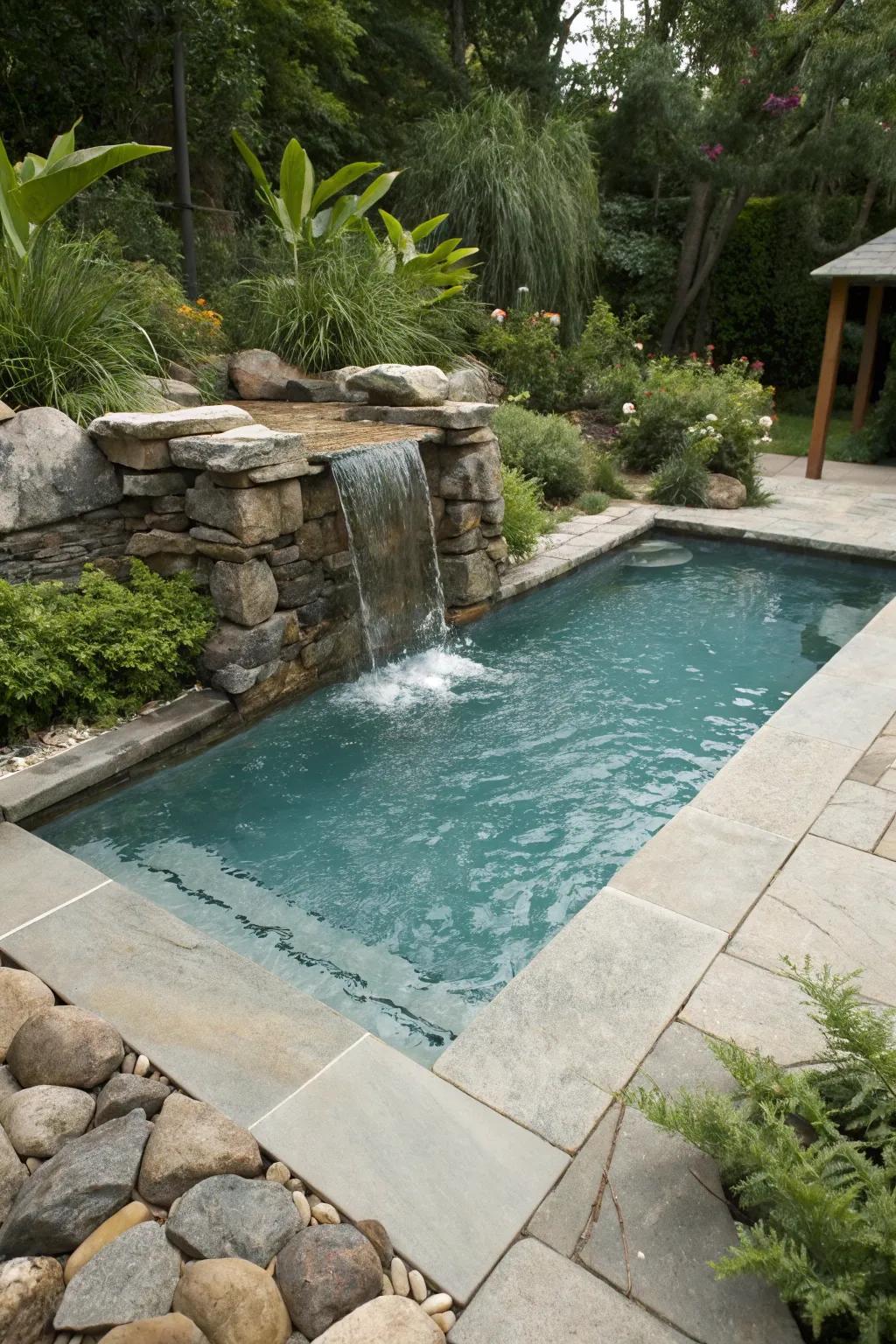 A compact waterfall element lends a sense of calm and elegance.