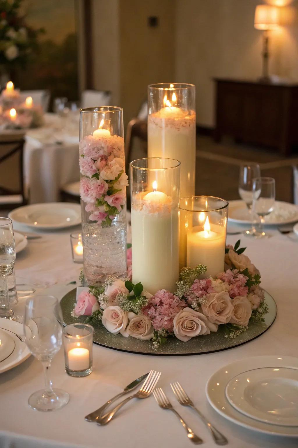 Flickering lights in refined vases create a tranquil and amorous centerpiece.