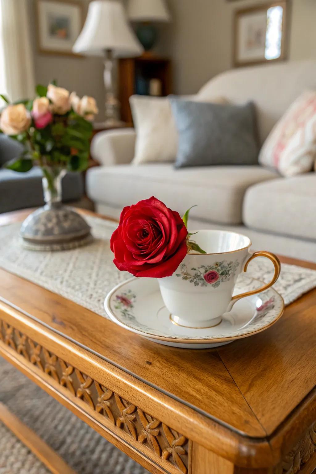 A rose nestled in a tea cup introduces a dash of charm to your décor.