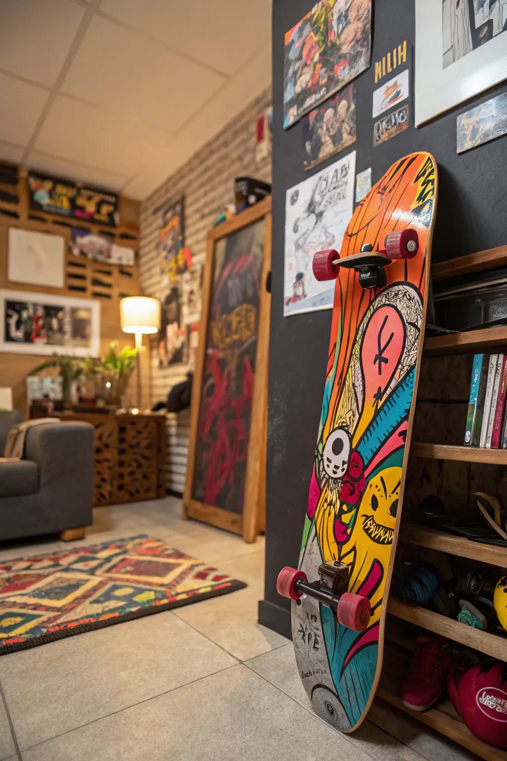 Incorporate a burst of color with skateboard art inspired by graffiti.