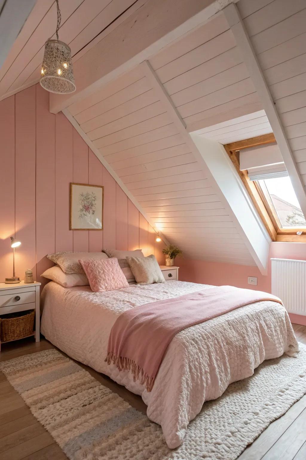 Pastel tones create a dreamy and peaceful retreat in this slanted ceiling bedroom.