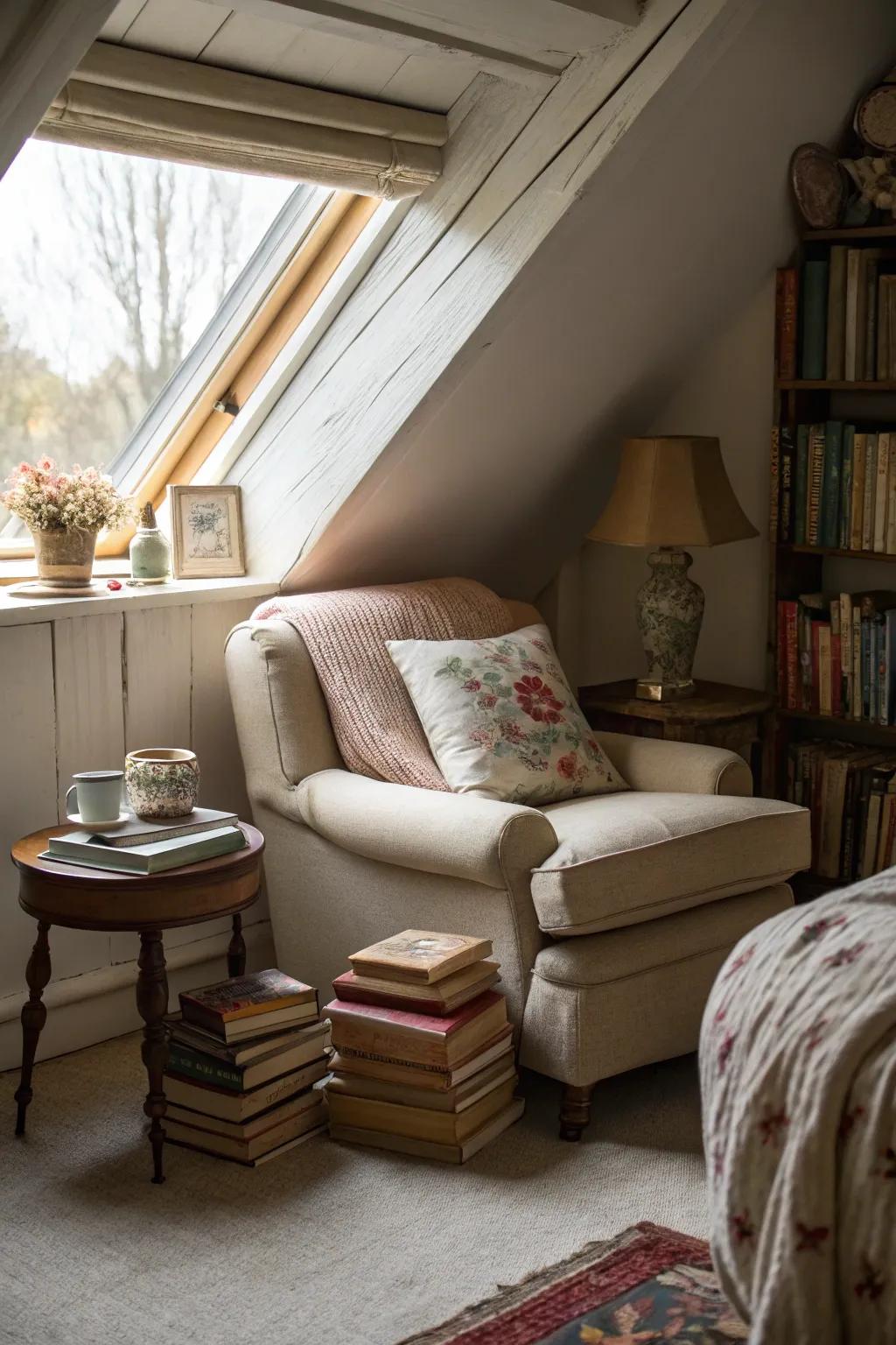 A charming reading space in an attic bedroom's corner.