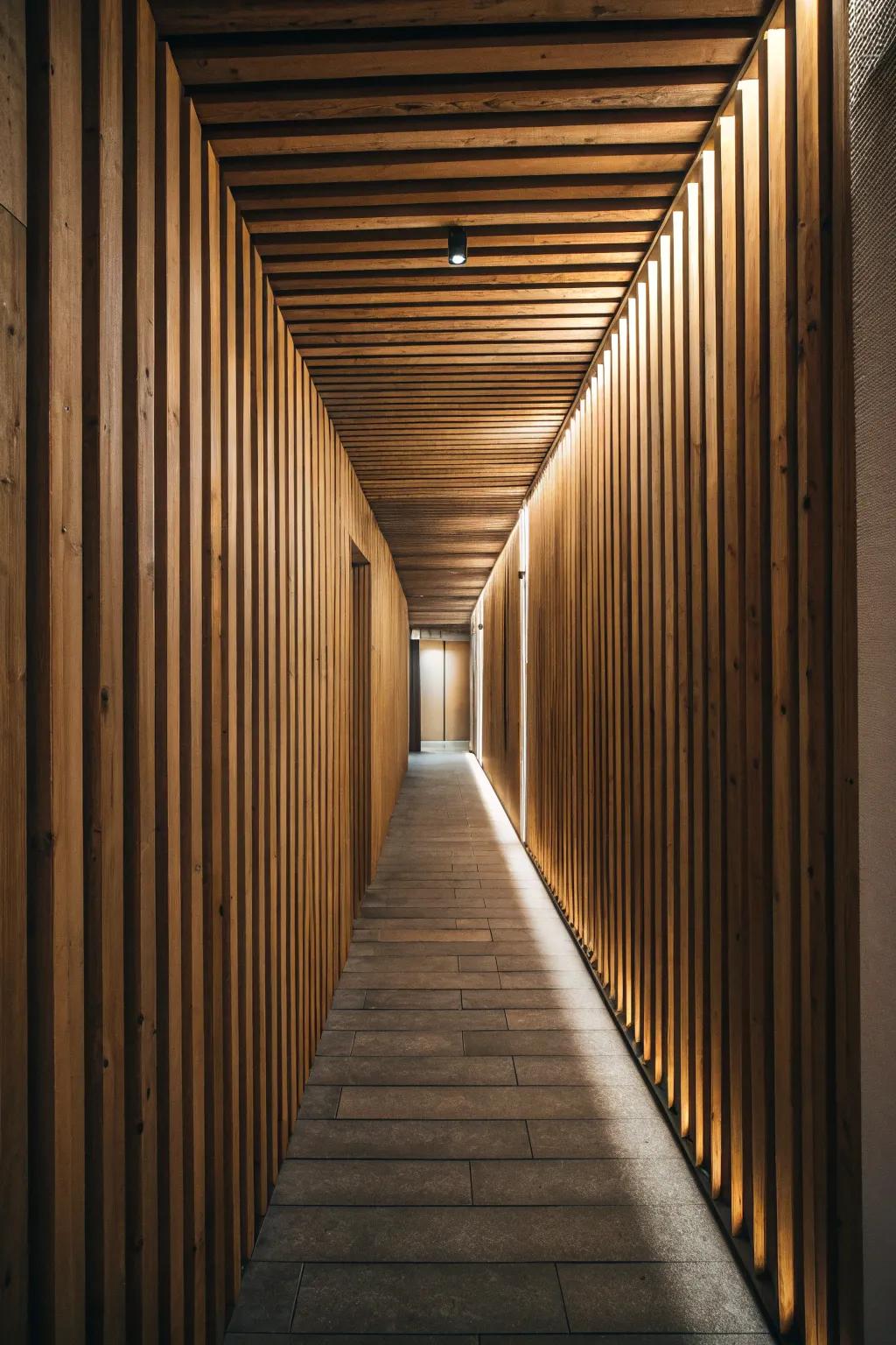 An entrance hall embellished by perpendicular wooden strips, amplifying visual altitude.