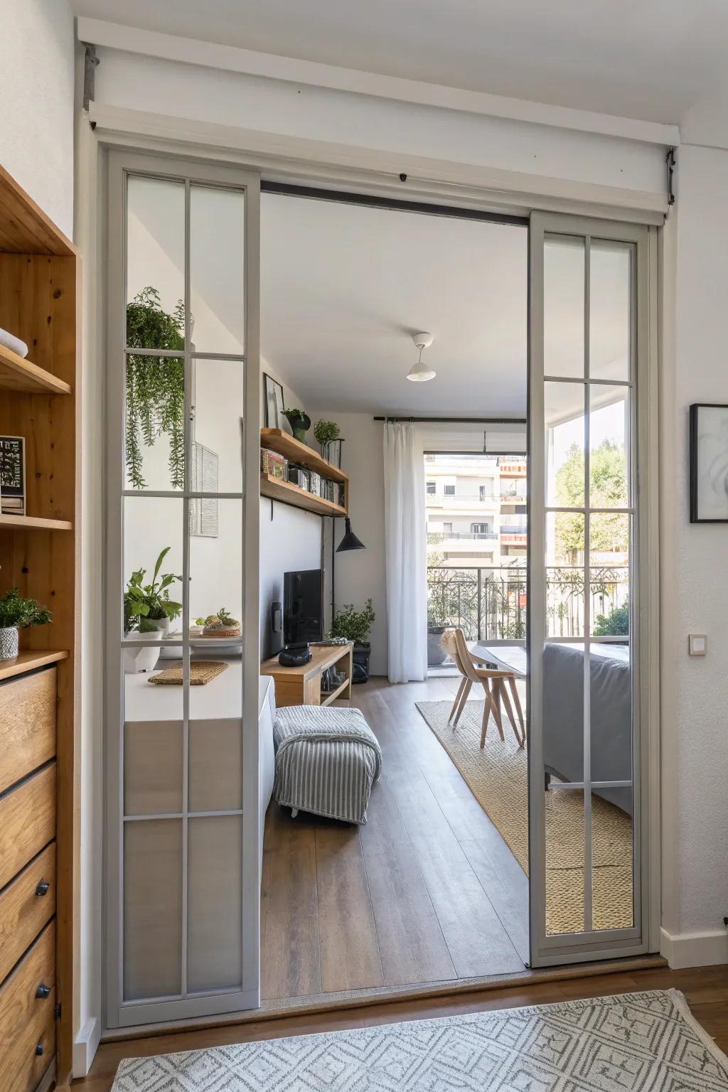 Sliding doors optimize space in this compact apartment.