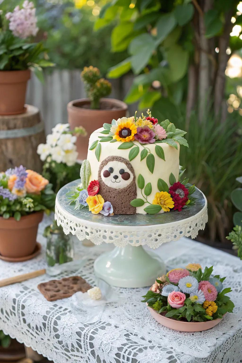 Floral accents heighten this slumbering creature cake to unprecedented sophistication.