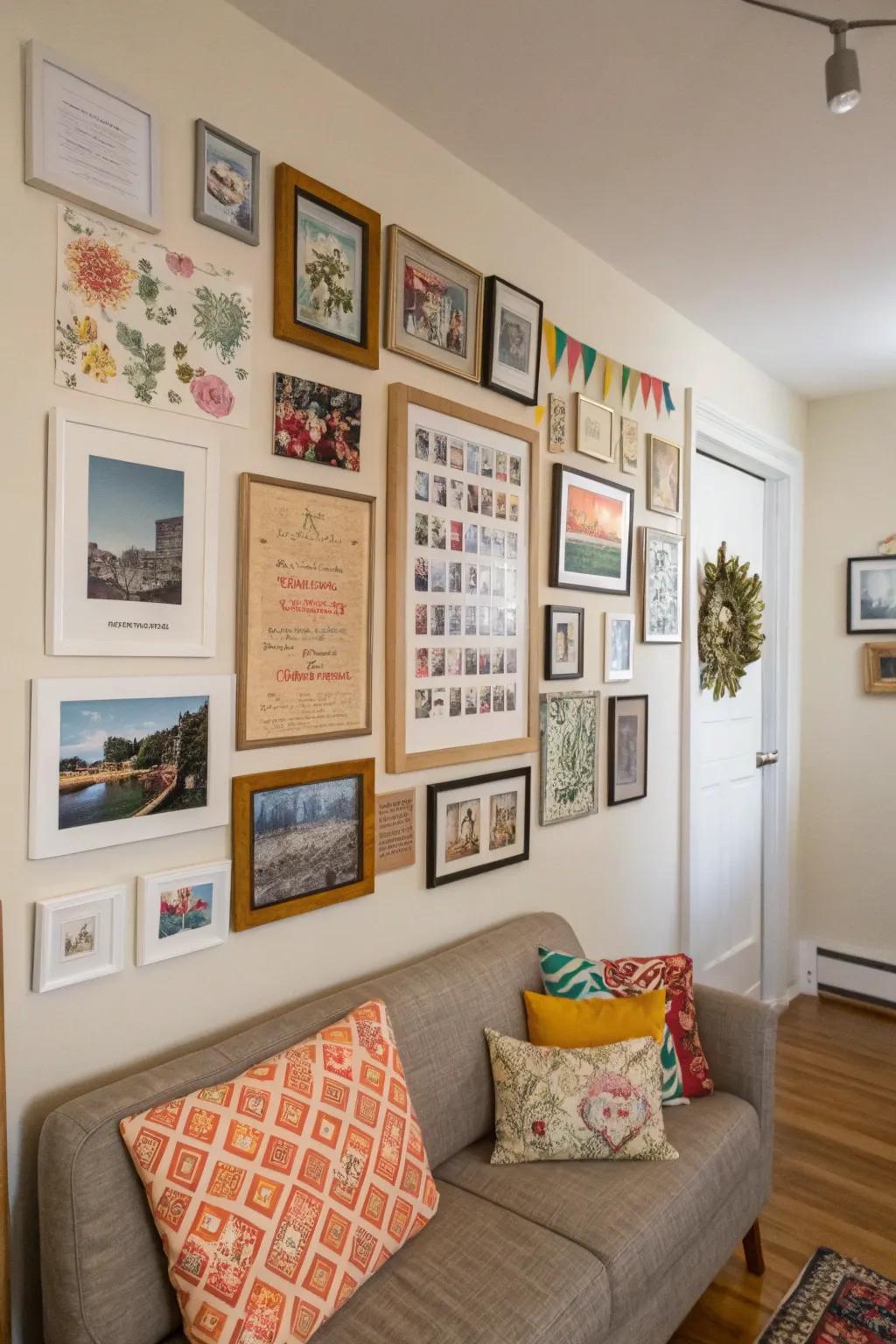 A gallery wall adds personal touch and style.