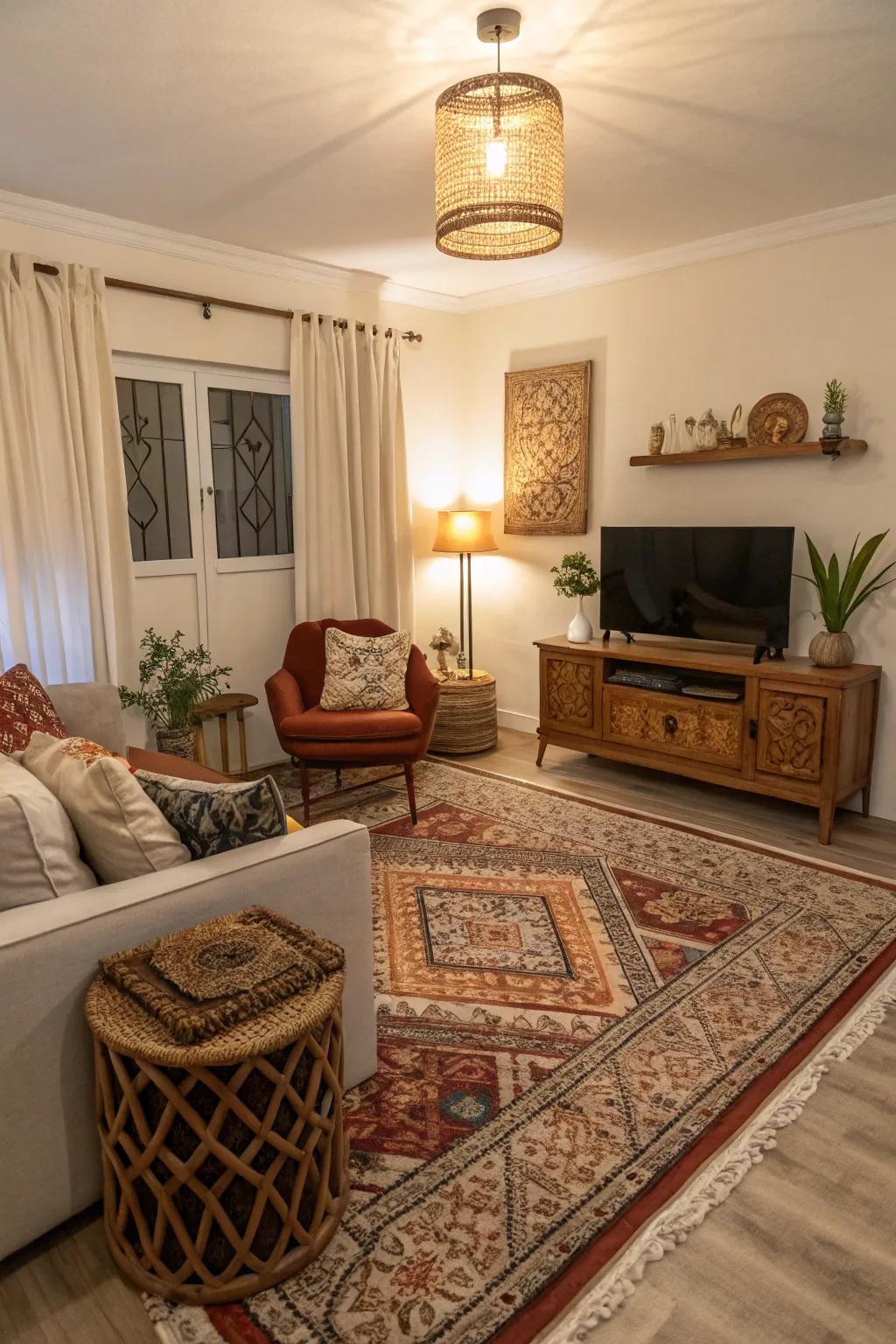 Floor coverings contribute warmth and demarcate areas.